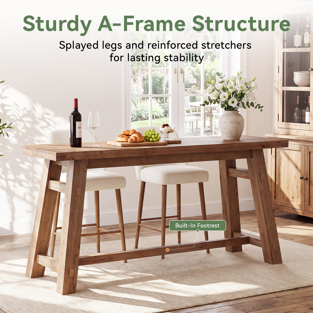 63" Solid Wood Bar Table with Footrest, Rectangular Pub Table, High Top Table