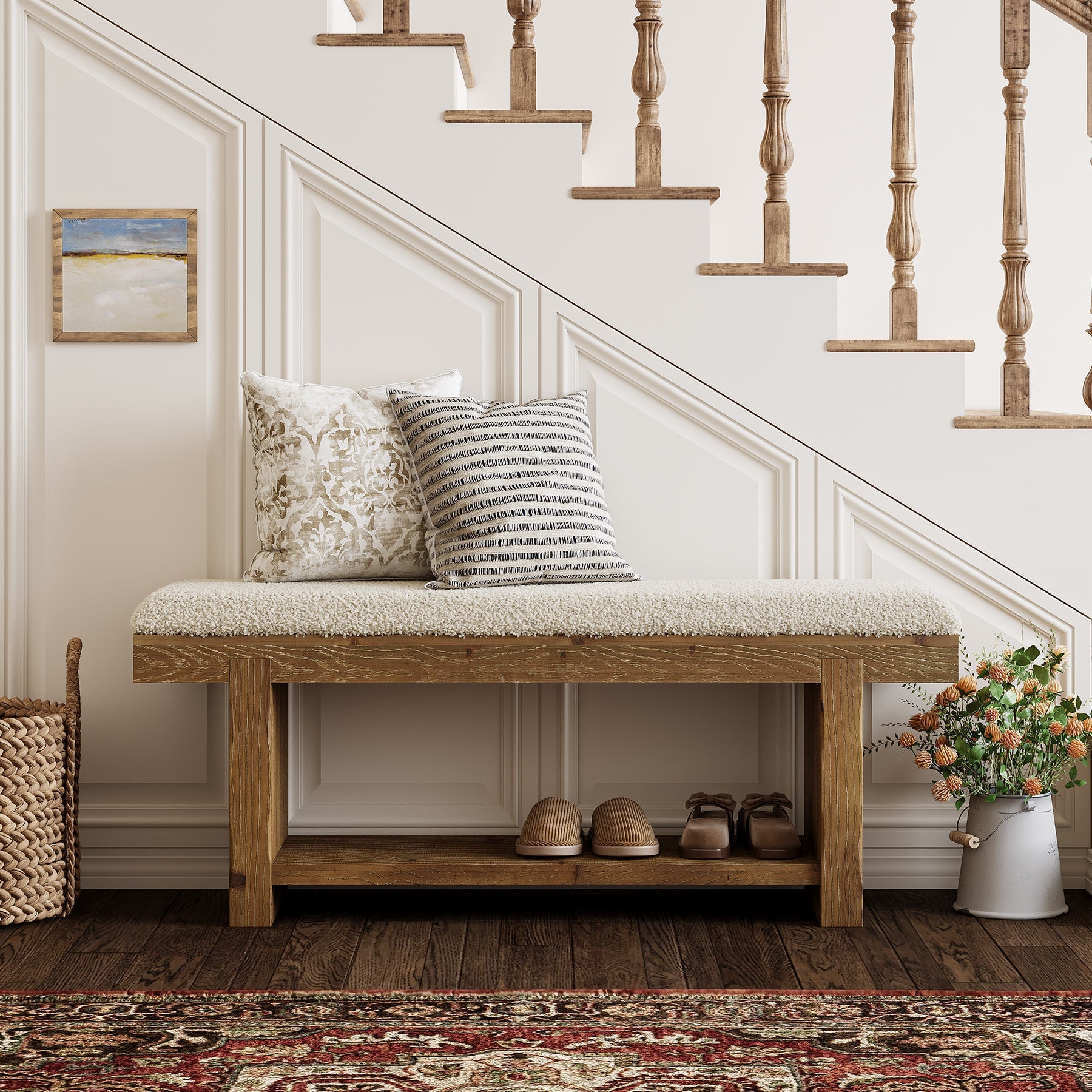 47.2" Solid Wood Farmhouse Bench, Upholstered Storage for Entryway