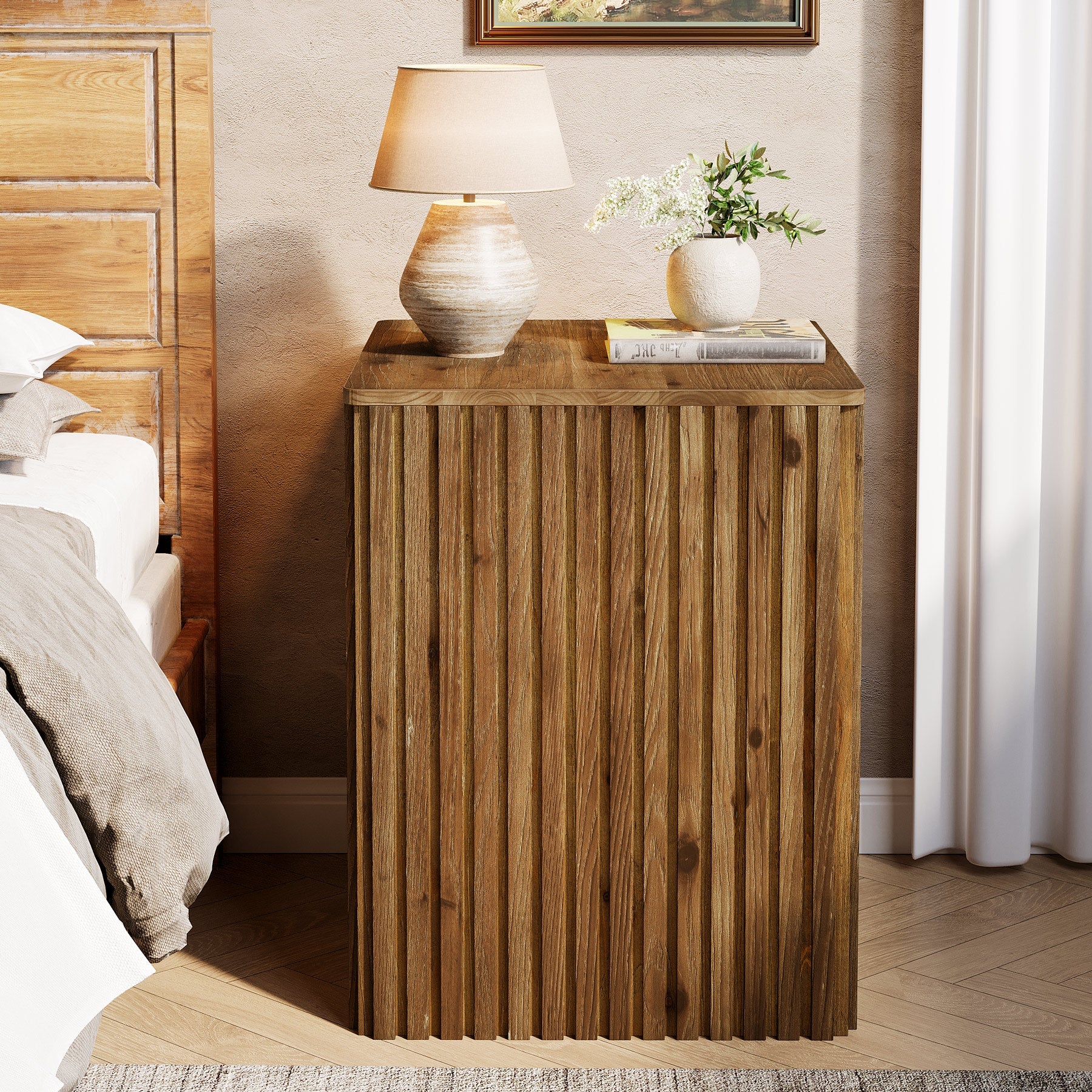 Solid Wood End Table, Square Fluted Side Table with Storage and Removable Lid