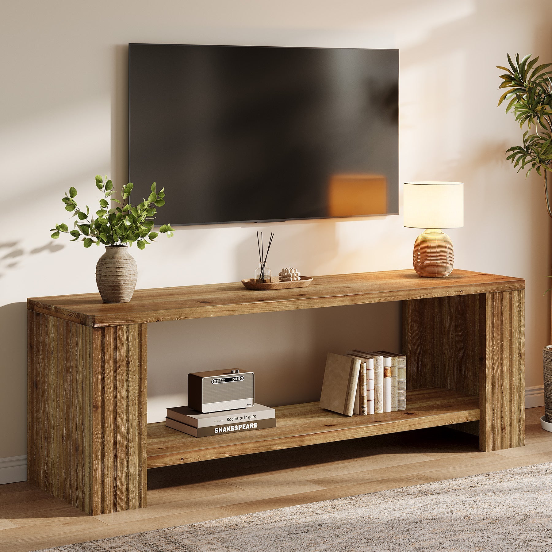 Solid Wood TV Stand, 63" Entertainment Center with 2-Tier Storage Shelf