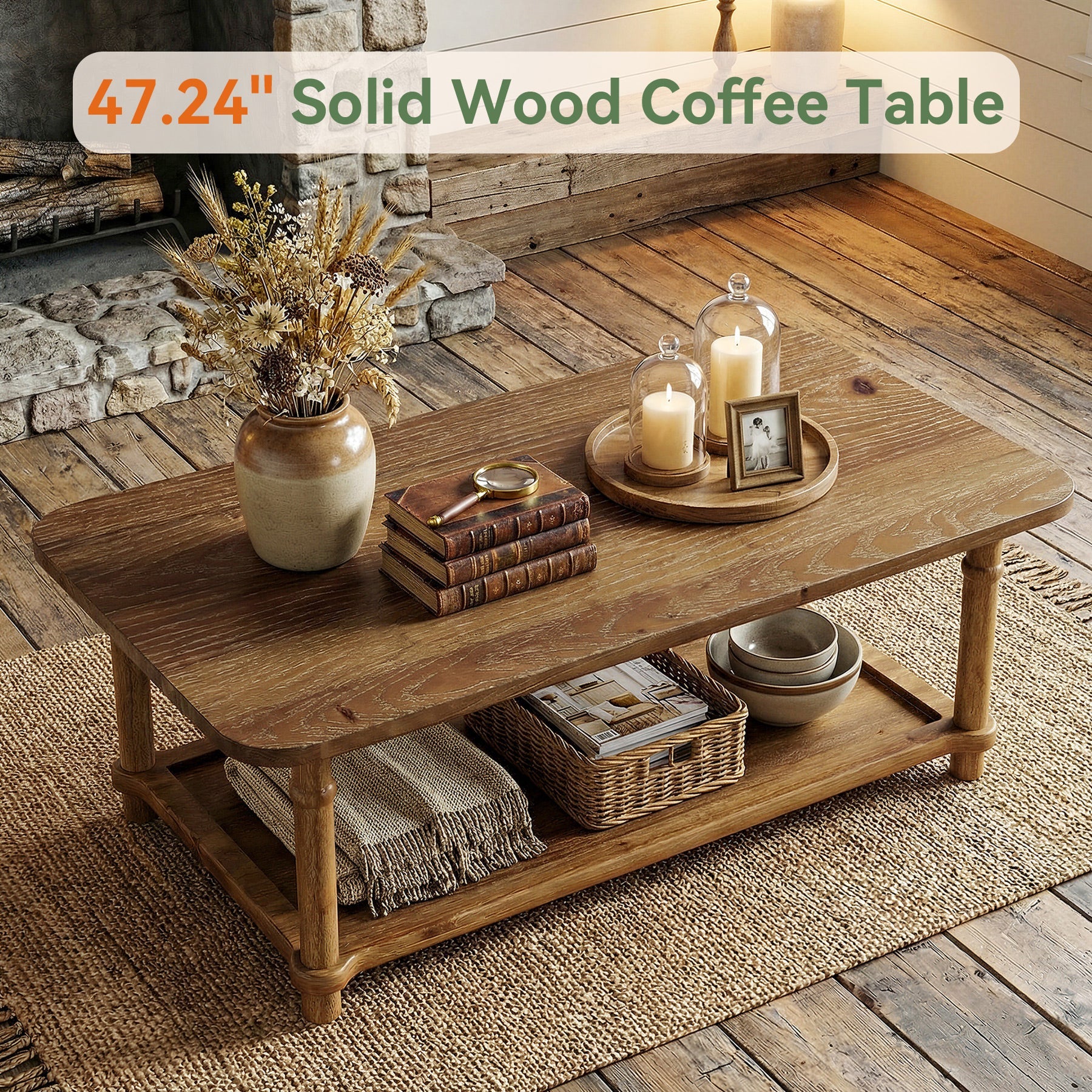 Rectangle Solid Wood Coffee Table, 47" Center Table with 2-Tier Storage