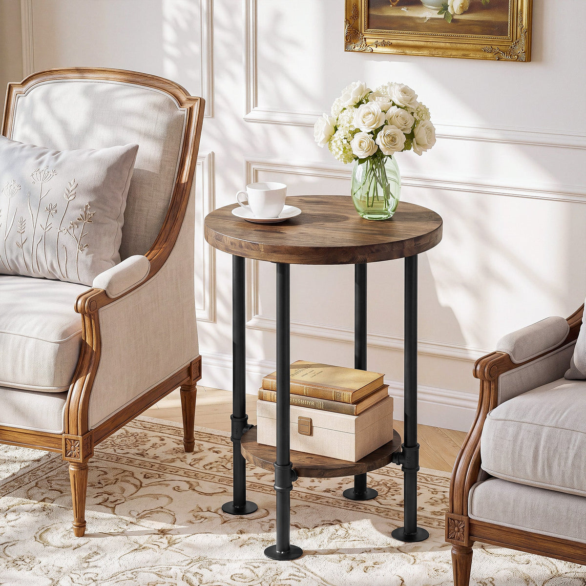 Round End Table, 2-Tier Side Table with Solid Wood Top & Metal Pipe Legs for Living Room