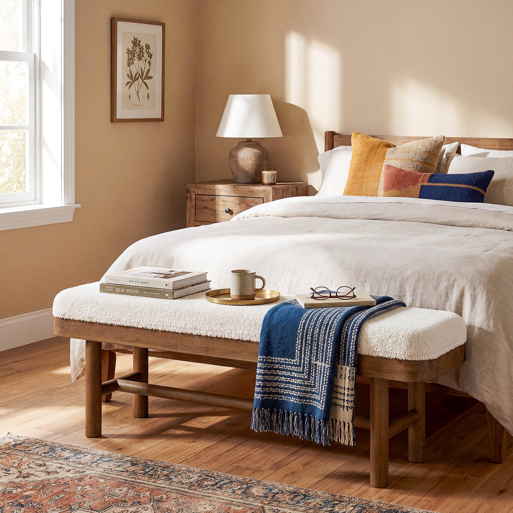 55" Upholstered Bedroom Bench, End of Bed Bench with Solid Wood Frame & Cushion