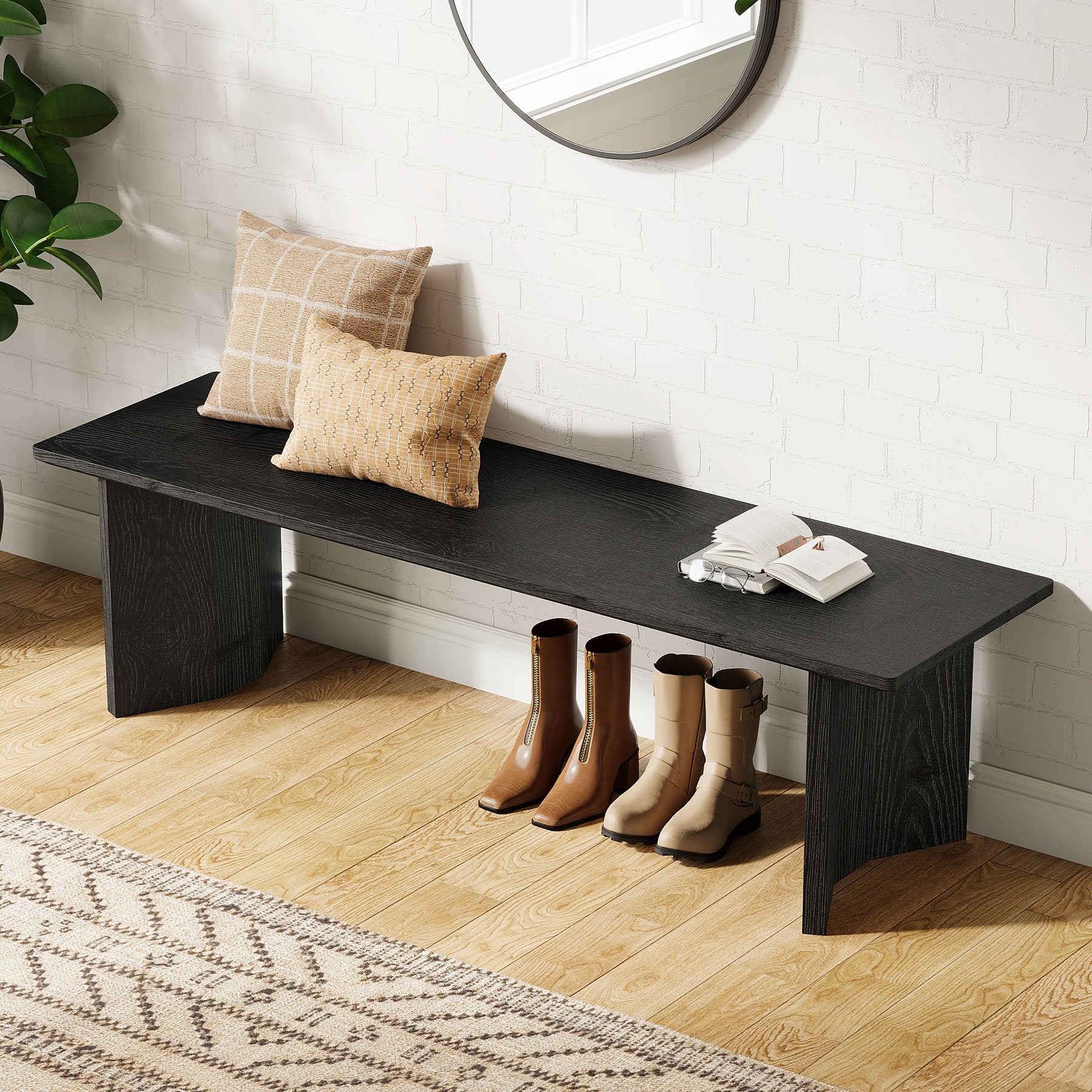 Solid Wood Entryway Bench, 55" Shoe Bench with Removable Cushion