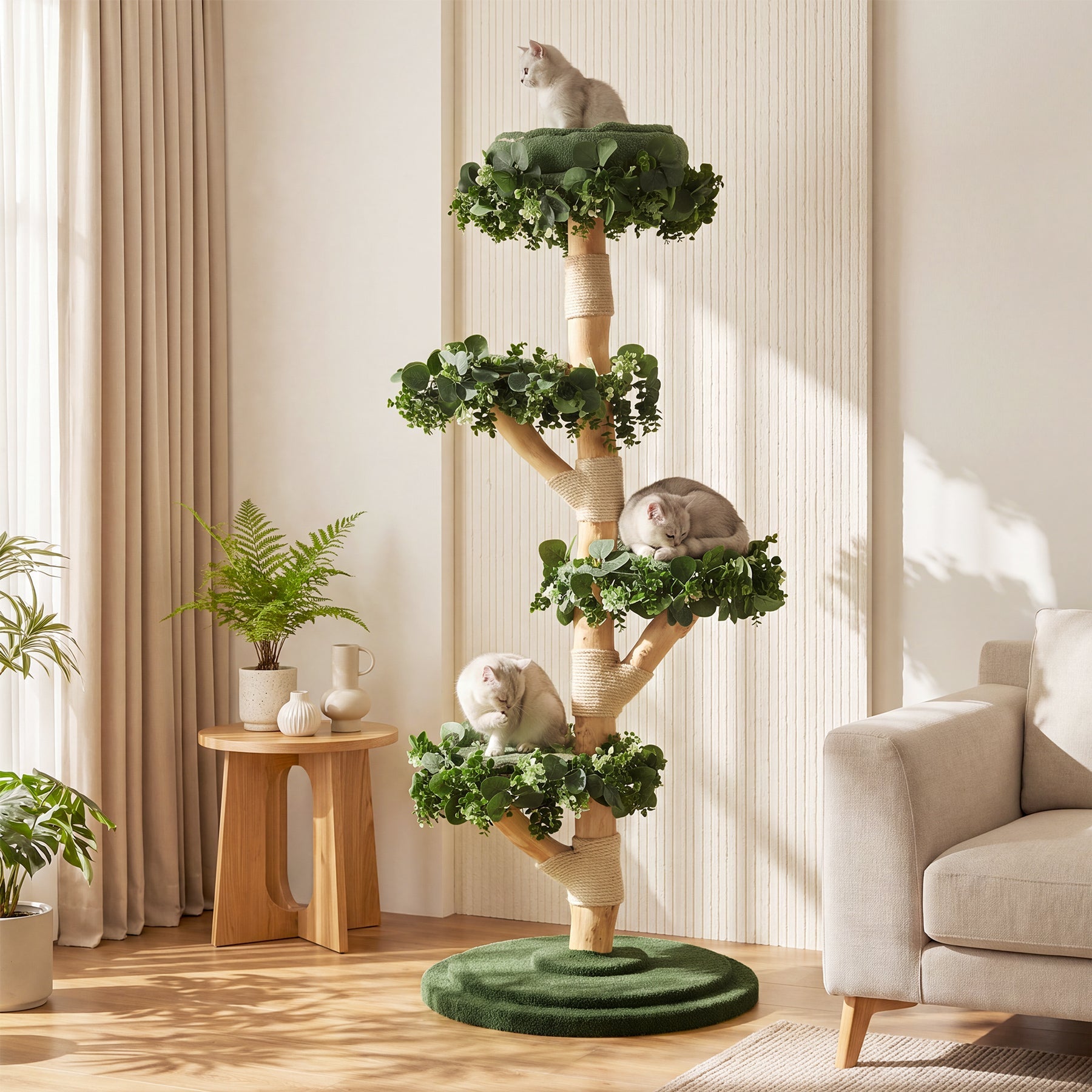 Solid Wood Cat Tree, 59.06" Tall Cat Tower with Sisal Scratching Posts, Washable & Removable Cushions