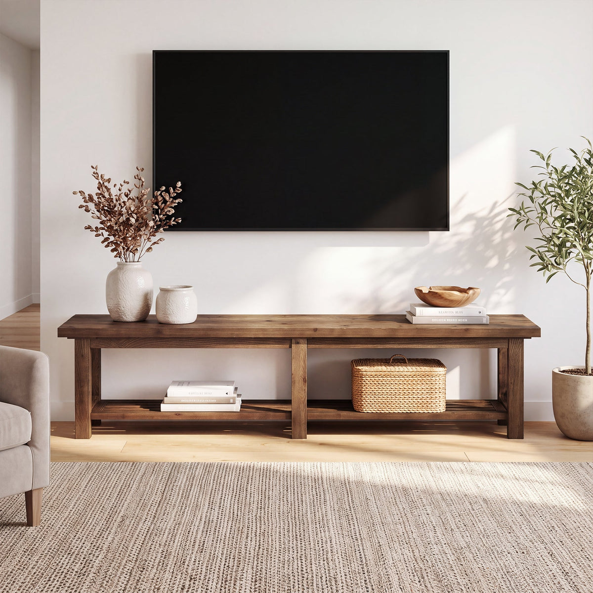 71" Solid Wood TV Stand for 80" TVs, 2-Tier Media Console for Living Room