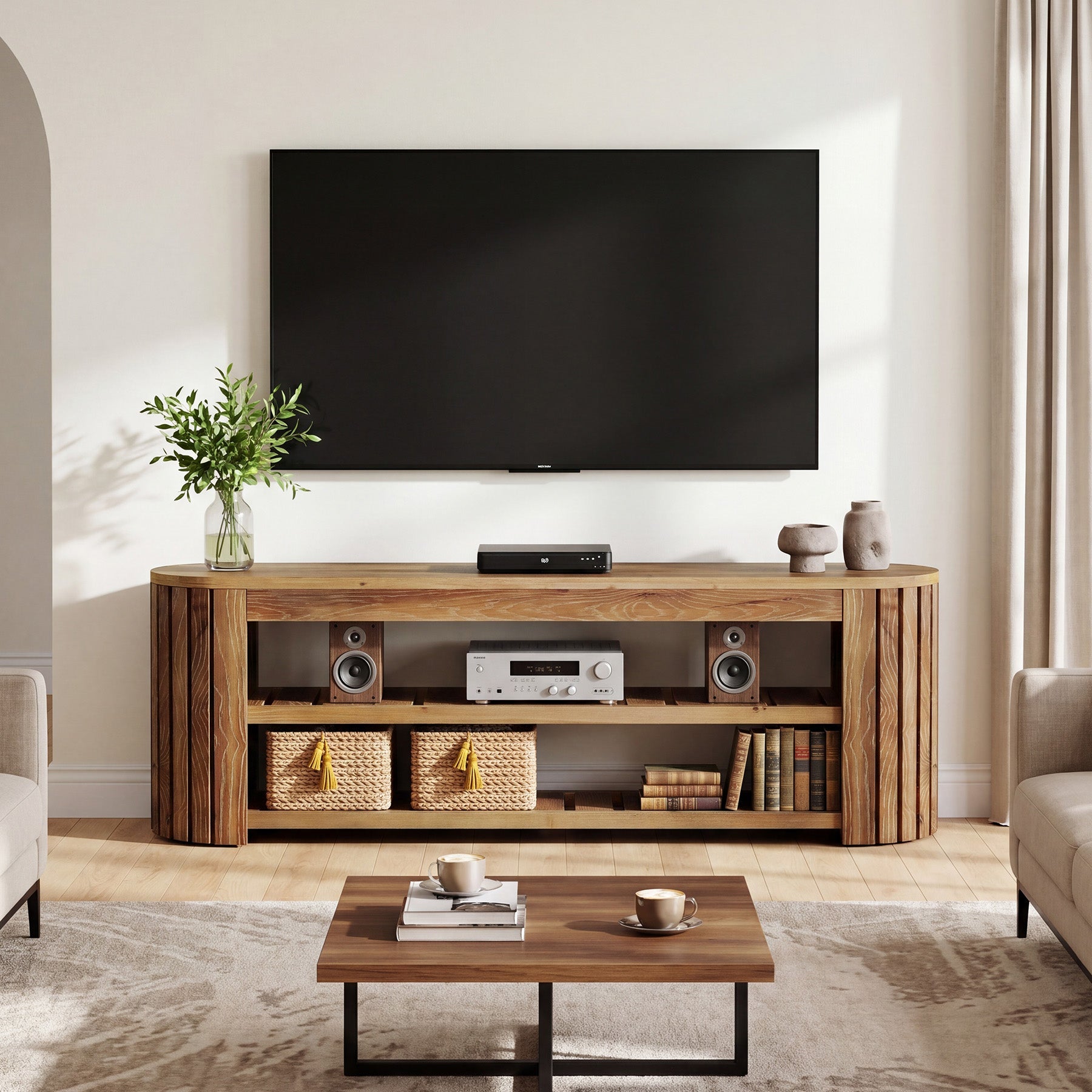 63" Solid Wood TV Stand, Entertainment Center with 2-Tier Shelves for 55/60/65/70-Inch TVs