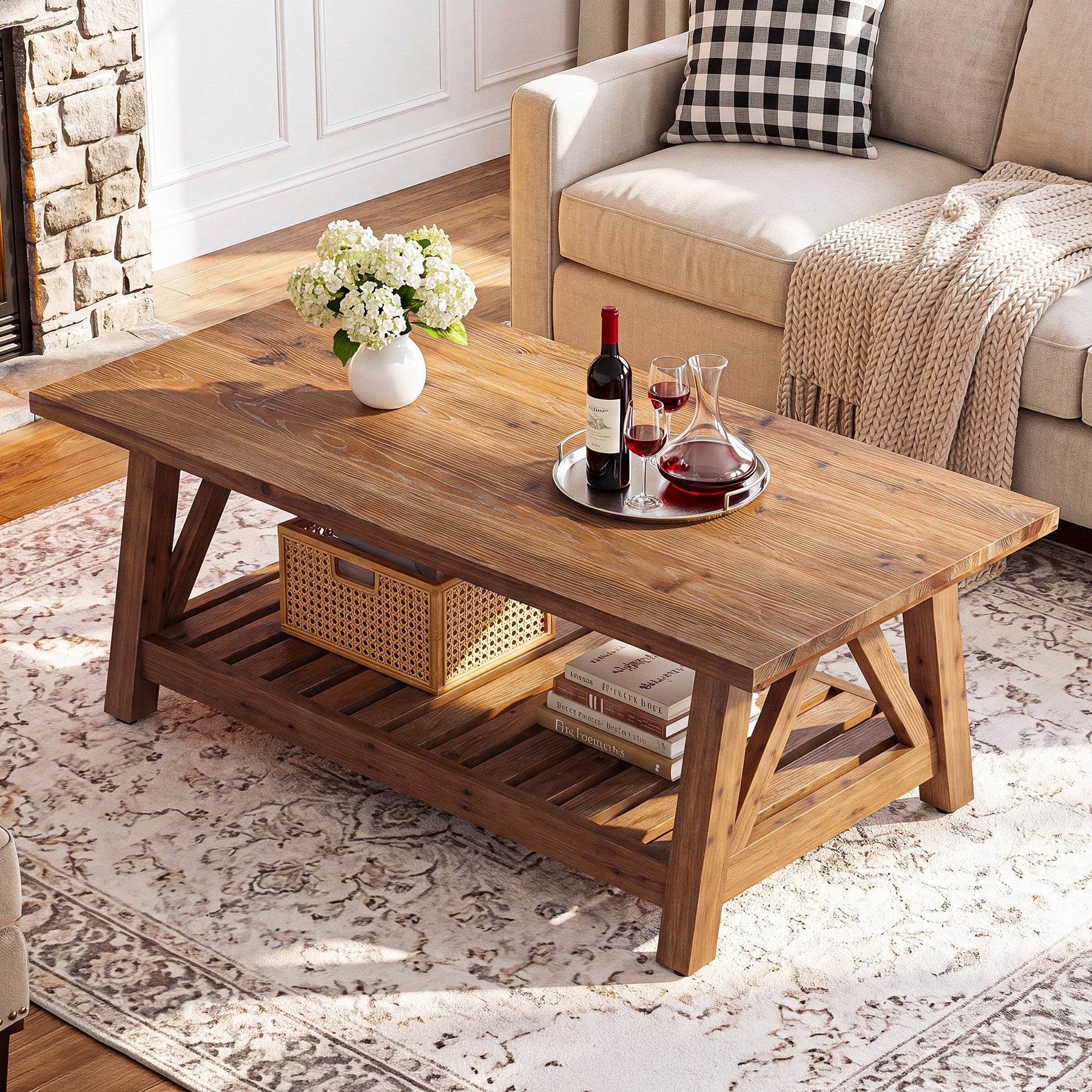 47.24" Farmhouse Solid Wood Coffee Table, Rectangle Center Table with Shelf for Living Room