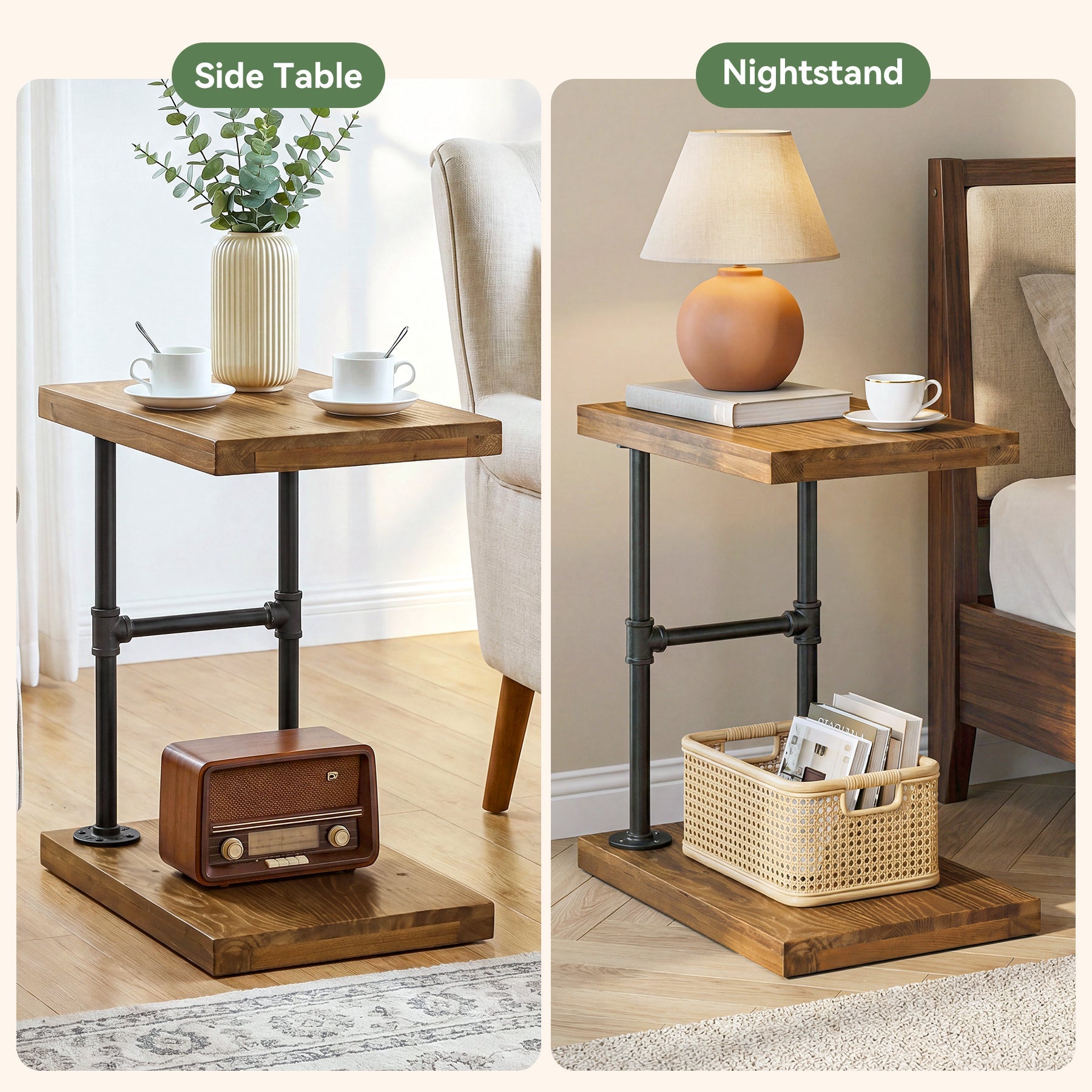19.7" Solid Wood End Table, 2-Tier Storage Table