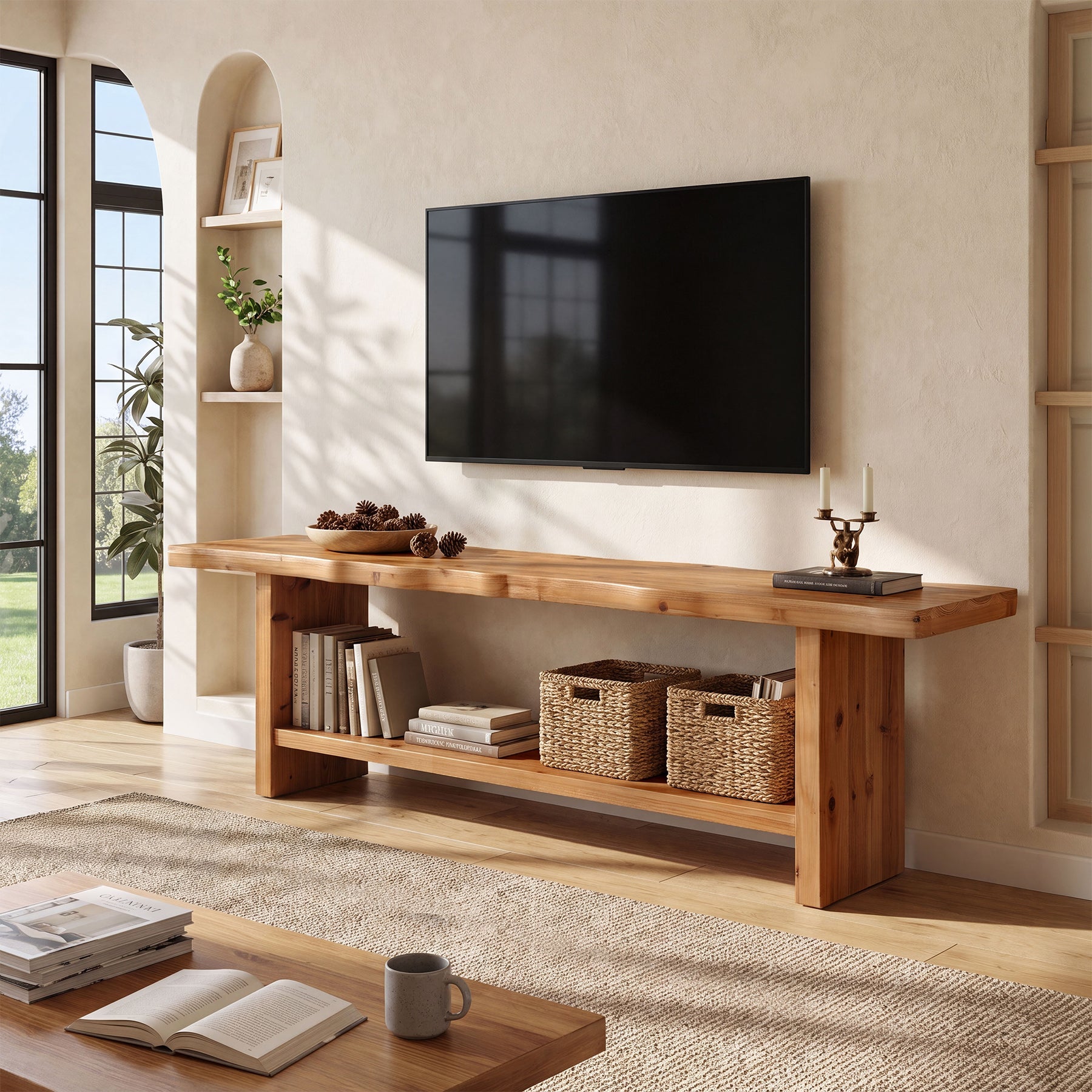 70.9" Solid Wood TV Stand, Farmhouse TV Entertainment Center for TVs up to 80 Inches