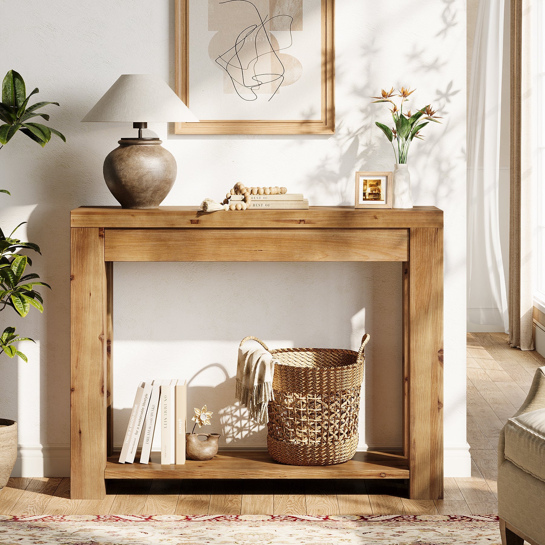 Solid Wood 43.31" Farmhouse Console Table, Narrow Entryway Sofa Table for Living Room, Hallway