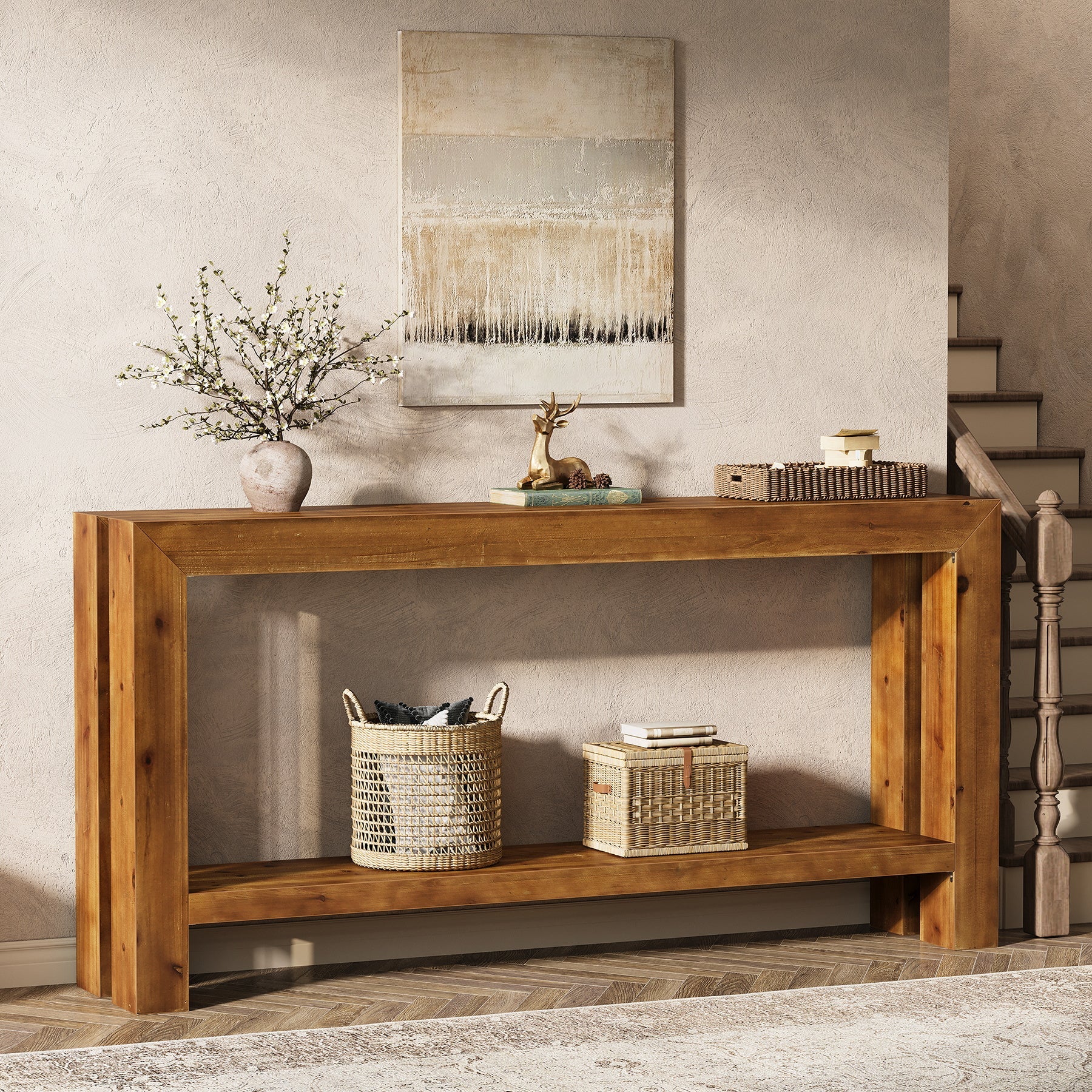 63" Solid Wood Console Table, 2-Tier Sofa Entryway Table for Hallway