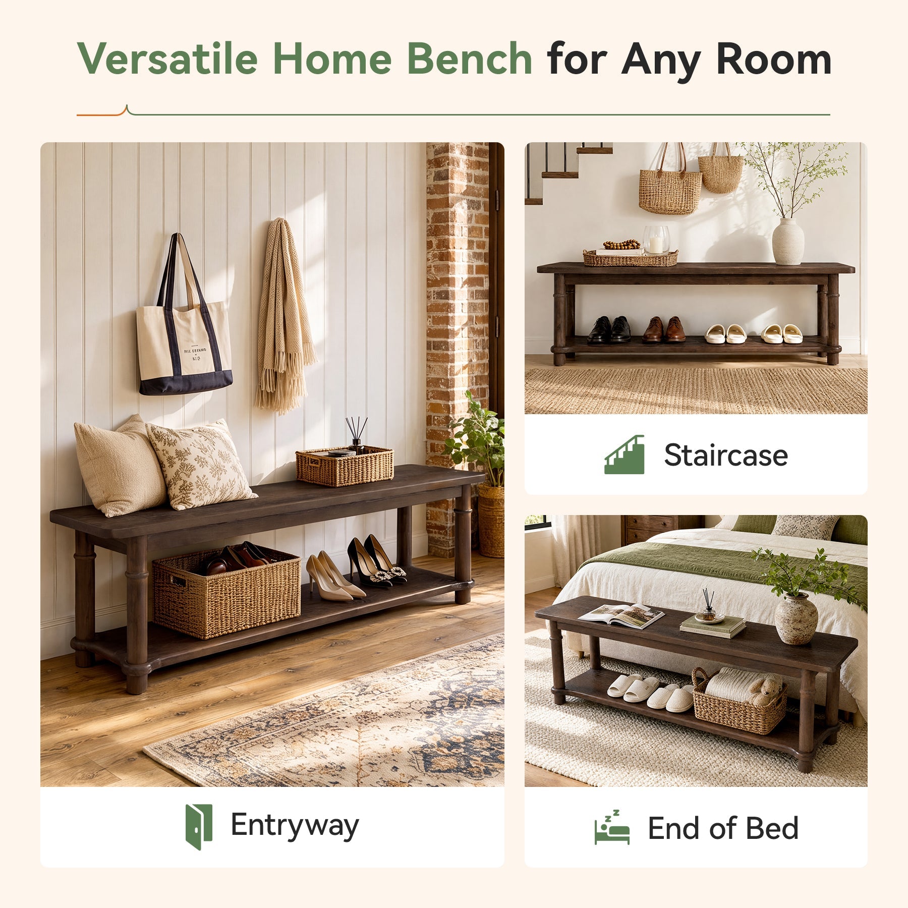 55" Farmhouse Entryway Bench with Open Shelf, 2-Tier Solid Wood Shoe Bench, Hallway