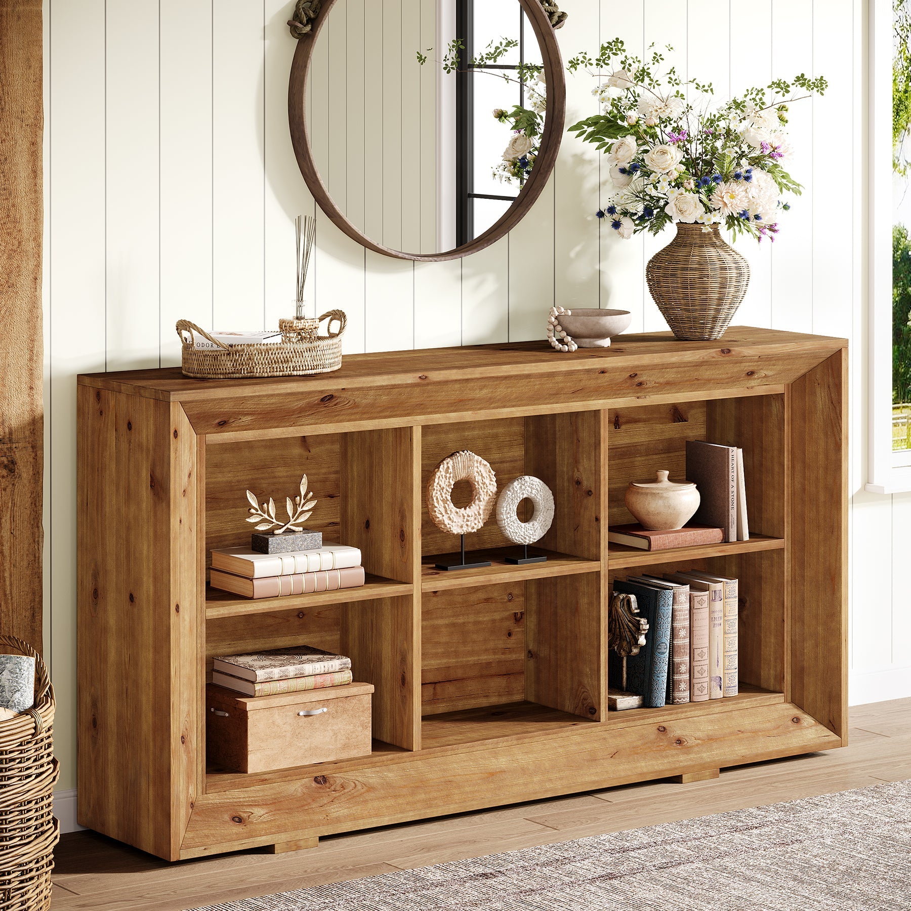 63" Solid Wood Console Table, Farmhouse Entryway Table with 6 Storage Cubes