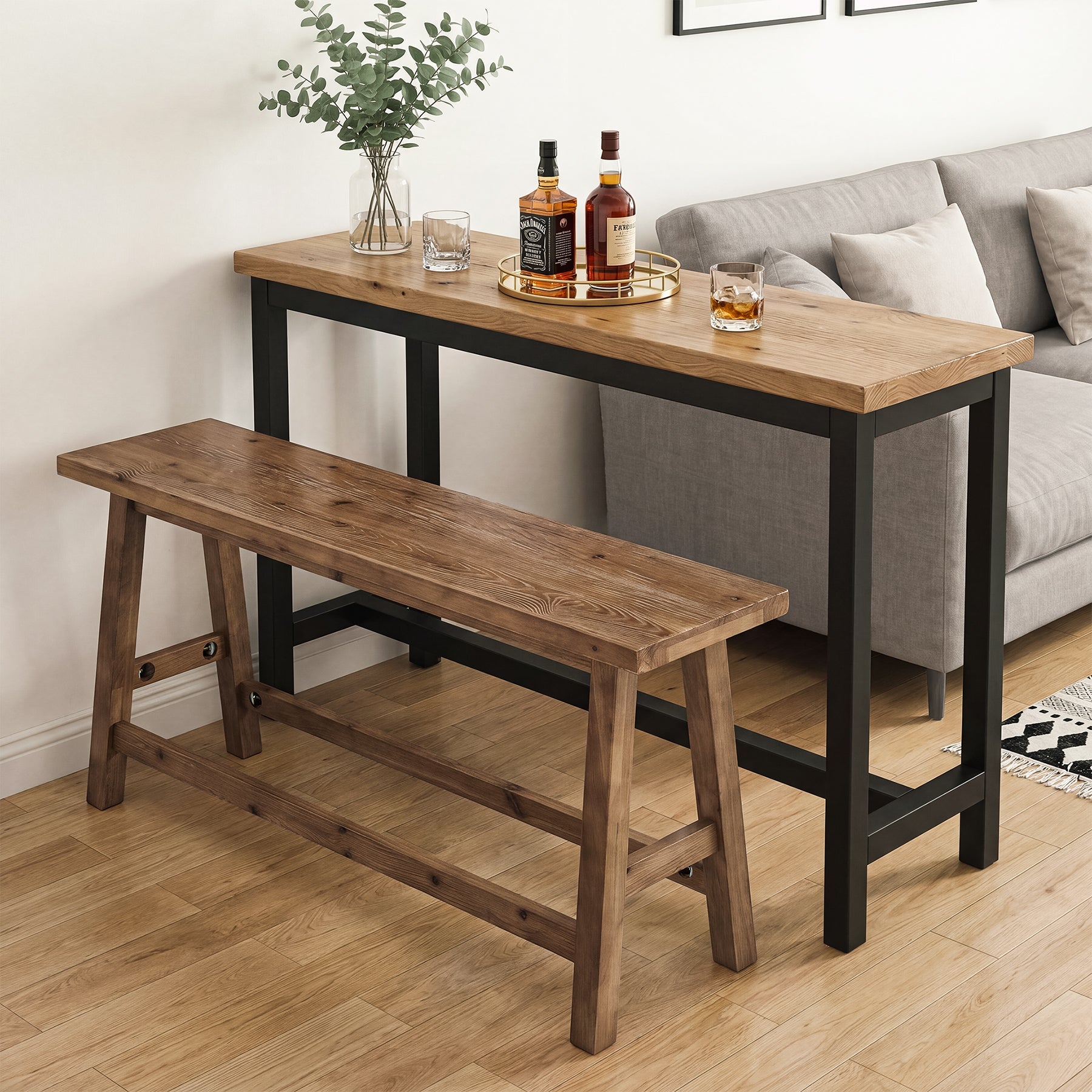 55" Solid Wood Counter Height Bar Bench, Farmhouse Dining Bench for Dining Room