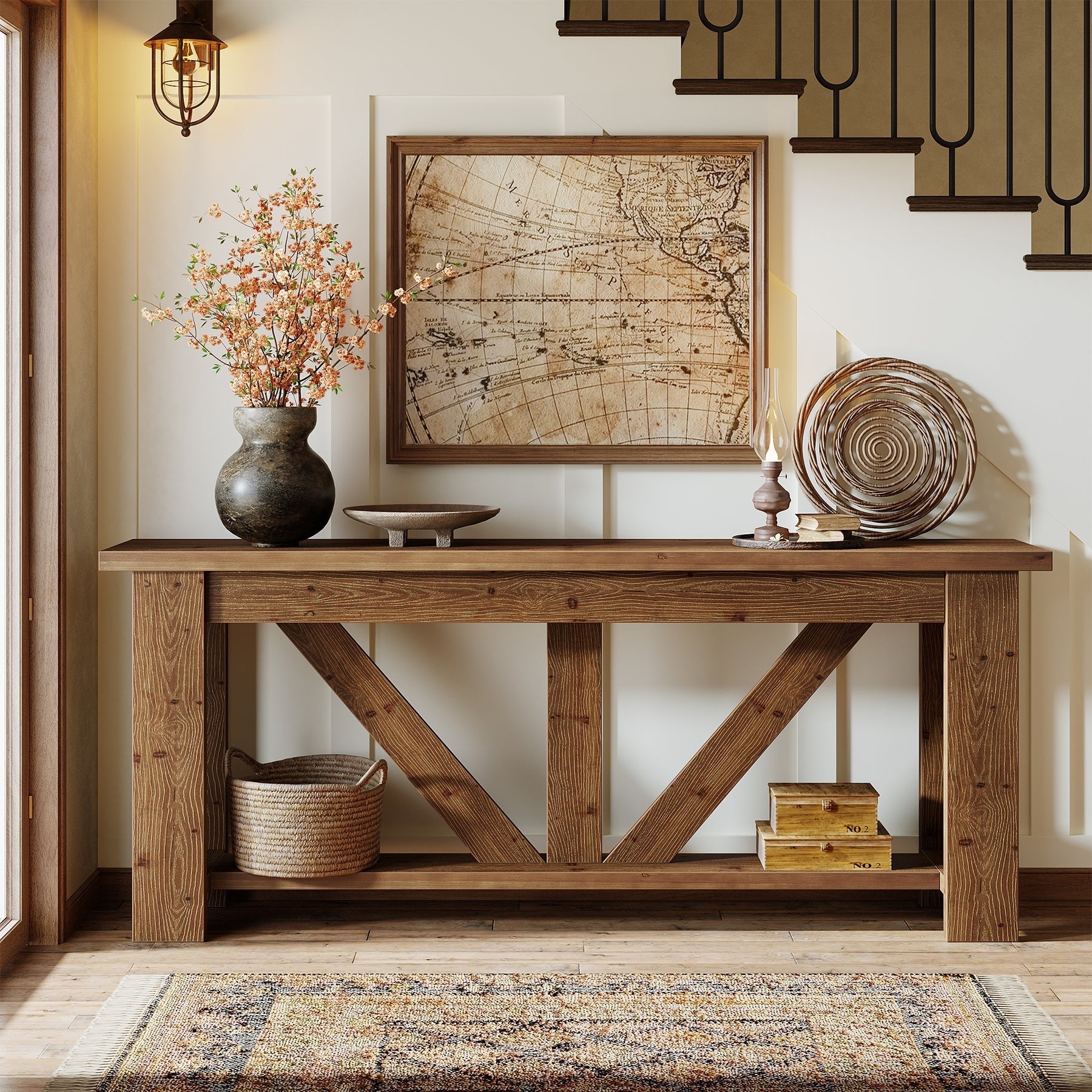 70.9" Solid Wood Console Table,  2-Tier Sofa Table Behind Couch with Storage