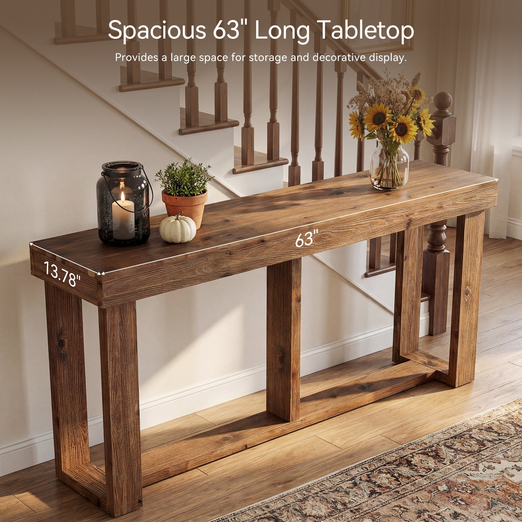 63" Solid Wood Console Table, Farmhouse Sofa Entryway Table for Living Room