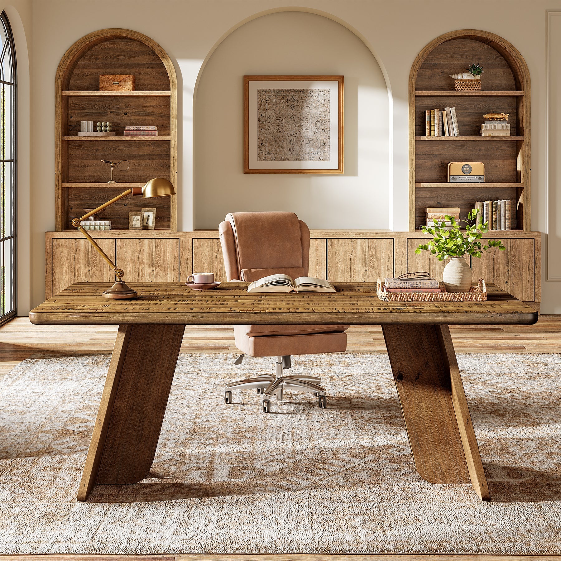 Solid Wood Executive Desk, 63" Office Computer Desk with Sturdy Legs
