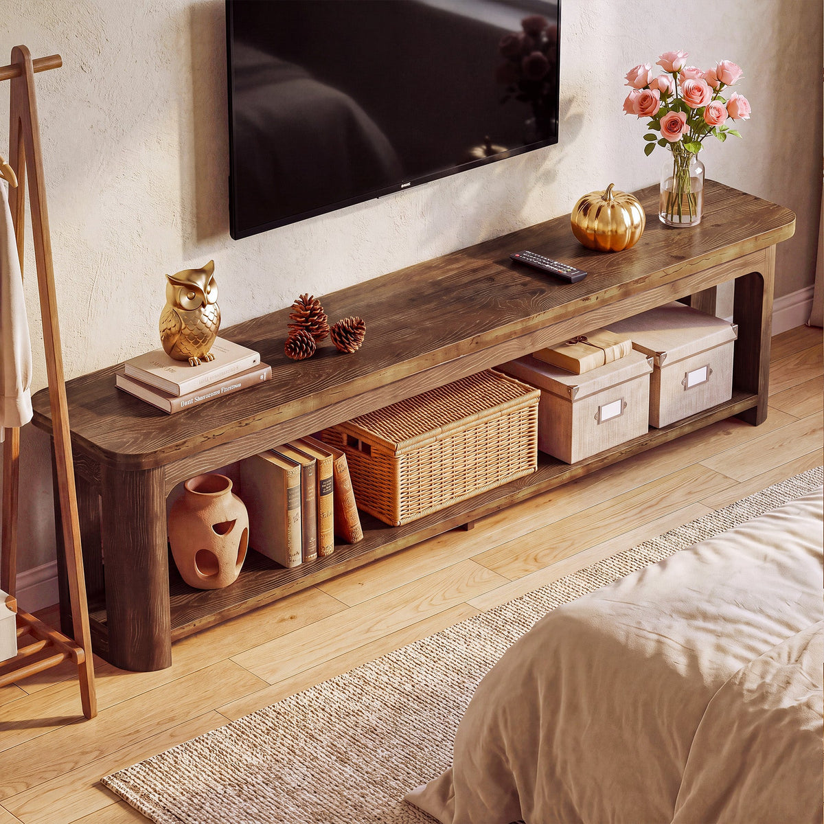 71 Inch Solid Wood TV Stand with Open Storage Shelf, Farmhouse Media Console for Living Room