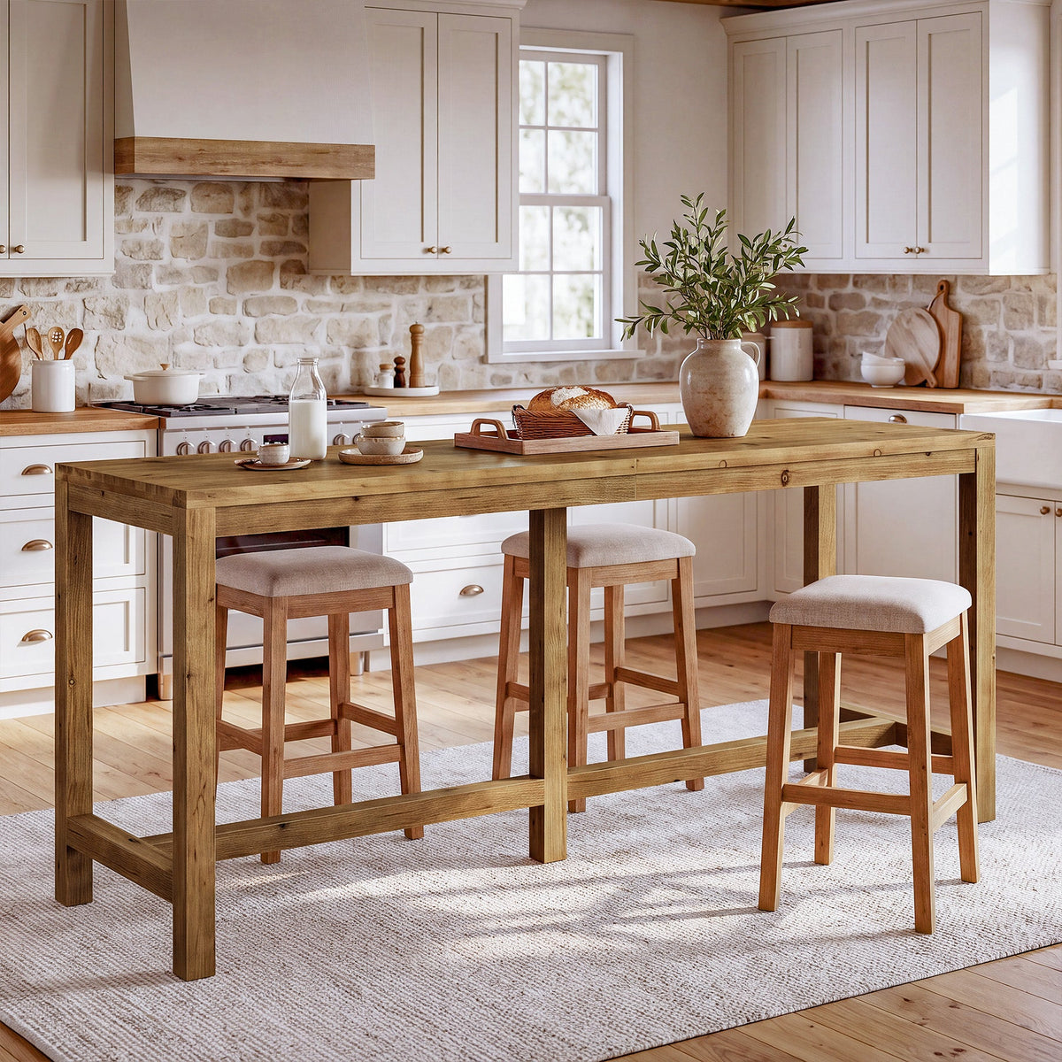 70.9" Solid Wood Bar Table for 6-8 People, Narrow Counter Height Pub Table with Footrest