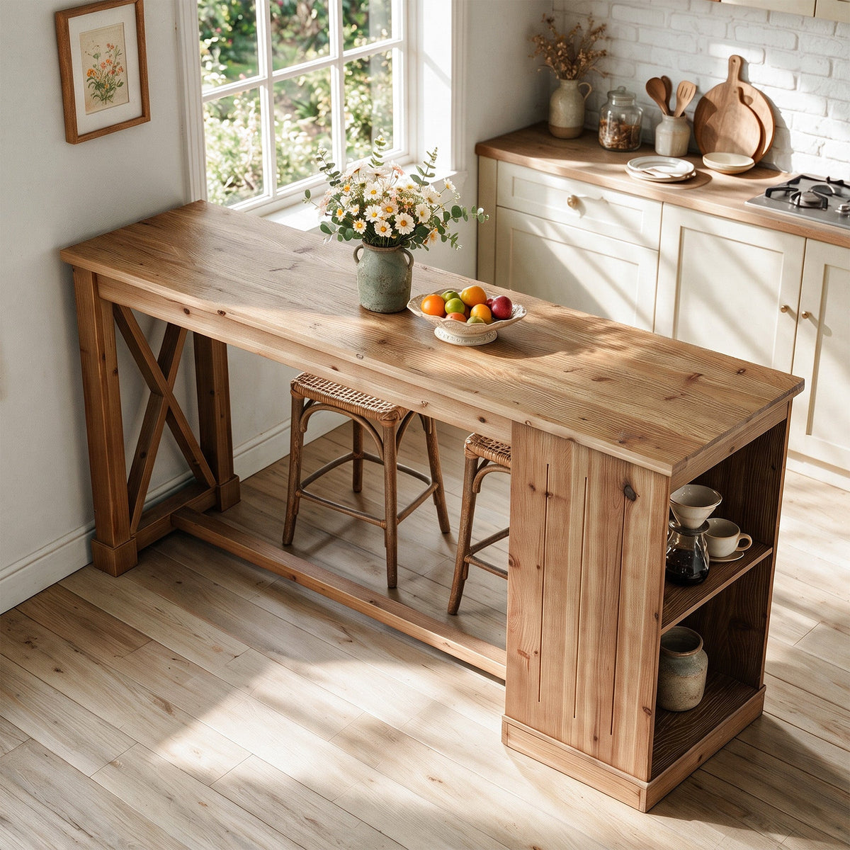 63" Counter Height Bar Table, Farmhouse Solid Wood, Rectangular with 2-Tier Storage