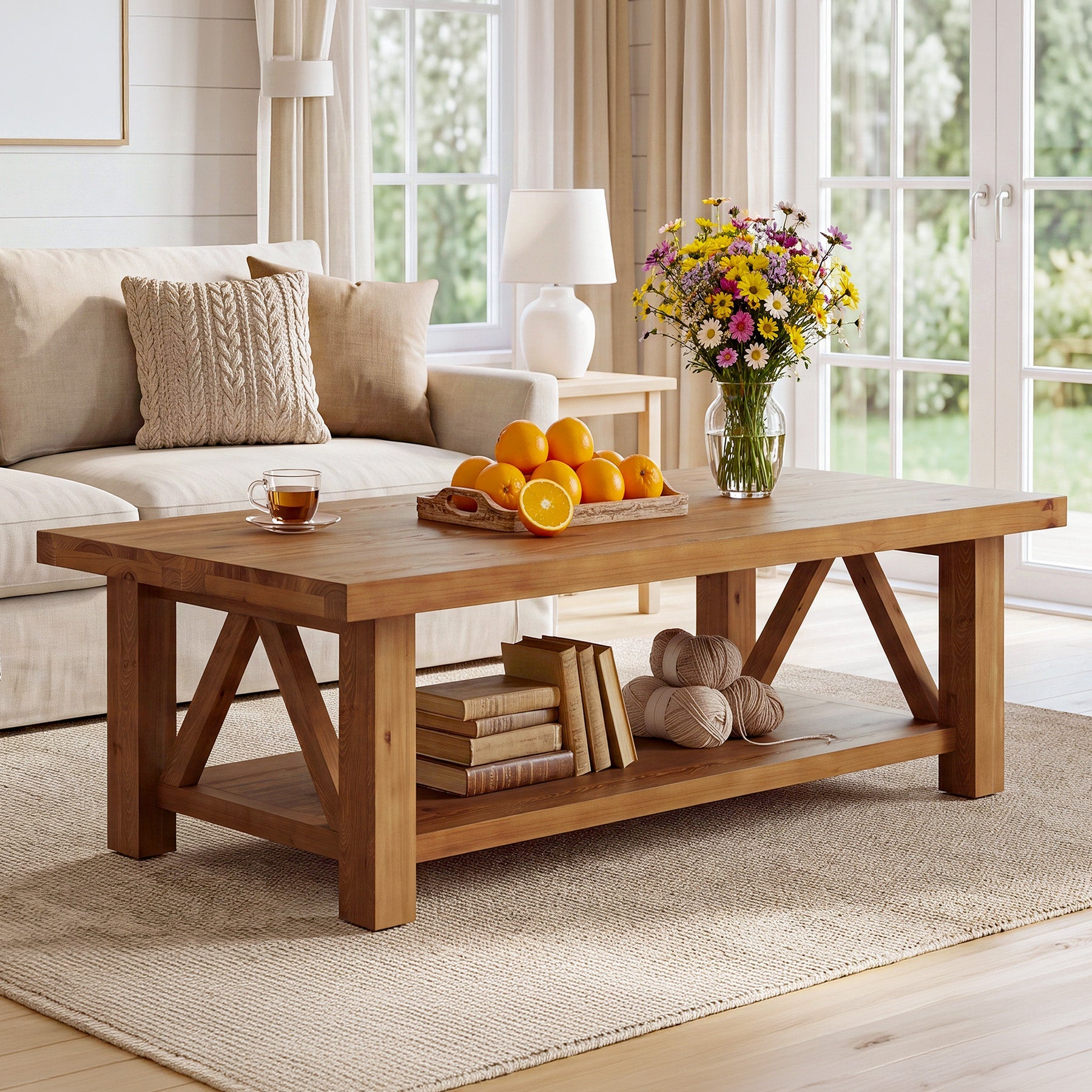 55" Rectangular Coffee Table, 2-Tier Solid Wood Center Table for Living Room