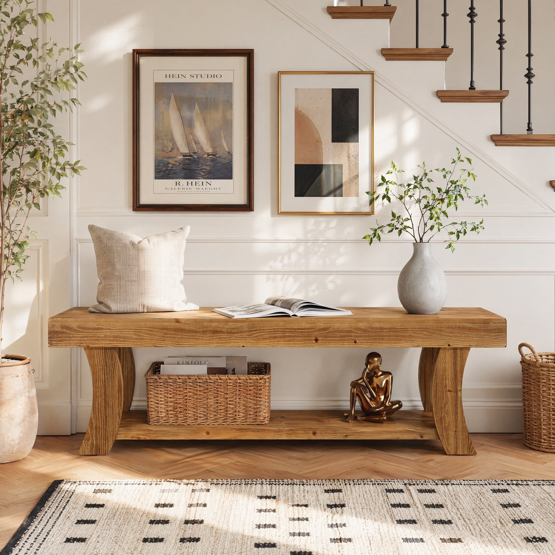 63" Solid Wood Entryway Bench, Narrow Shoe Storage Bench End of Bed Seat for Entryway