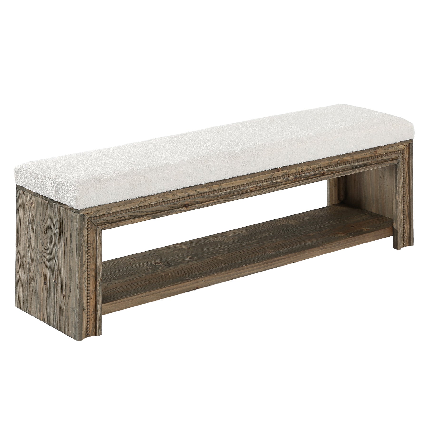 55" Solid Wood Entryway Bench, Upholstered Shoe Bench with Storage Shelf for Hallway