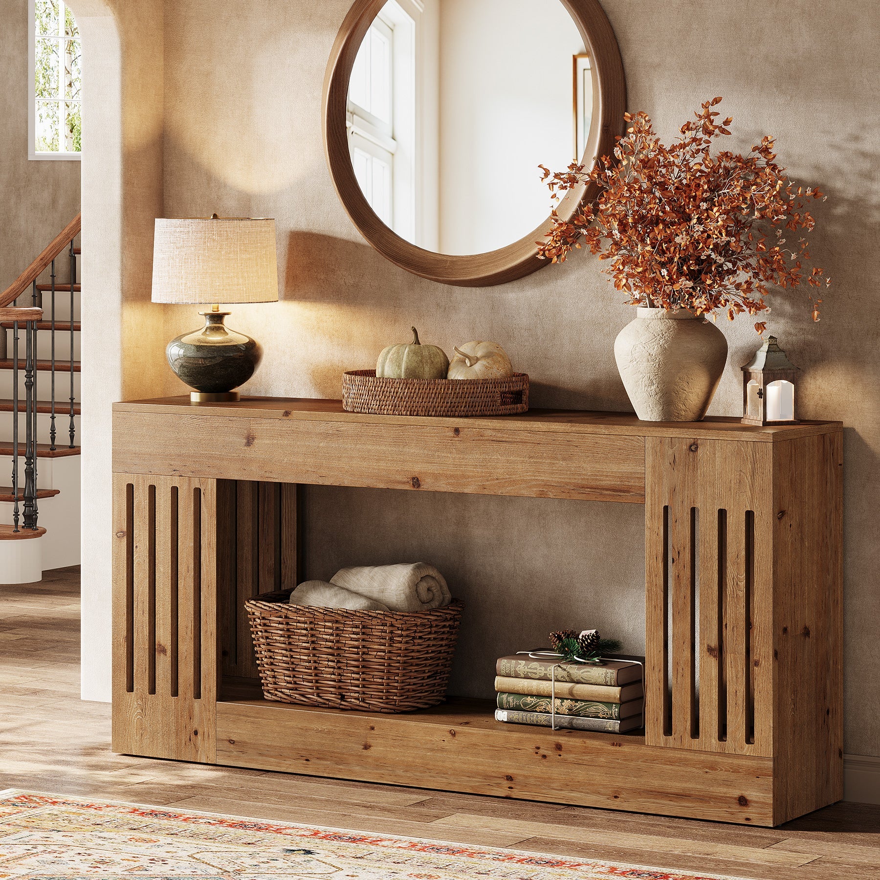 Solid Wood Console Table, 63" Sofa Table Behind Couch with Storage Shelf