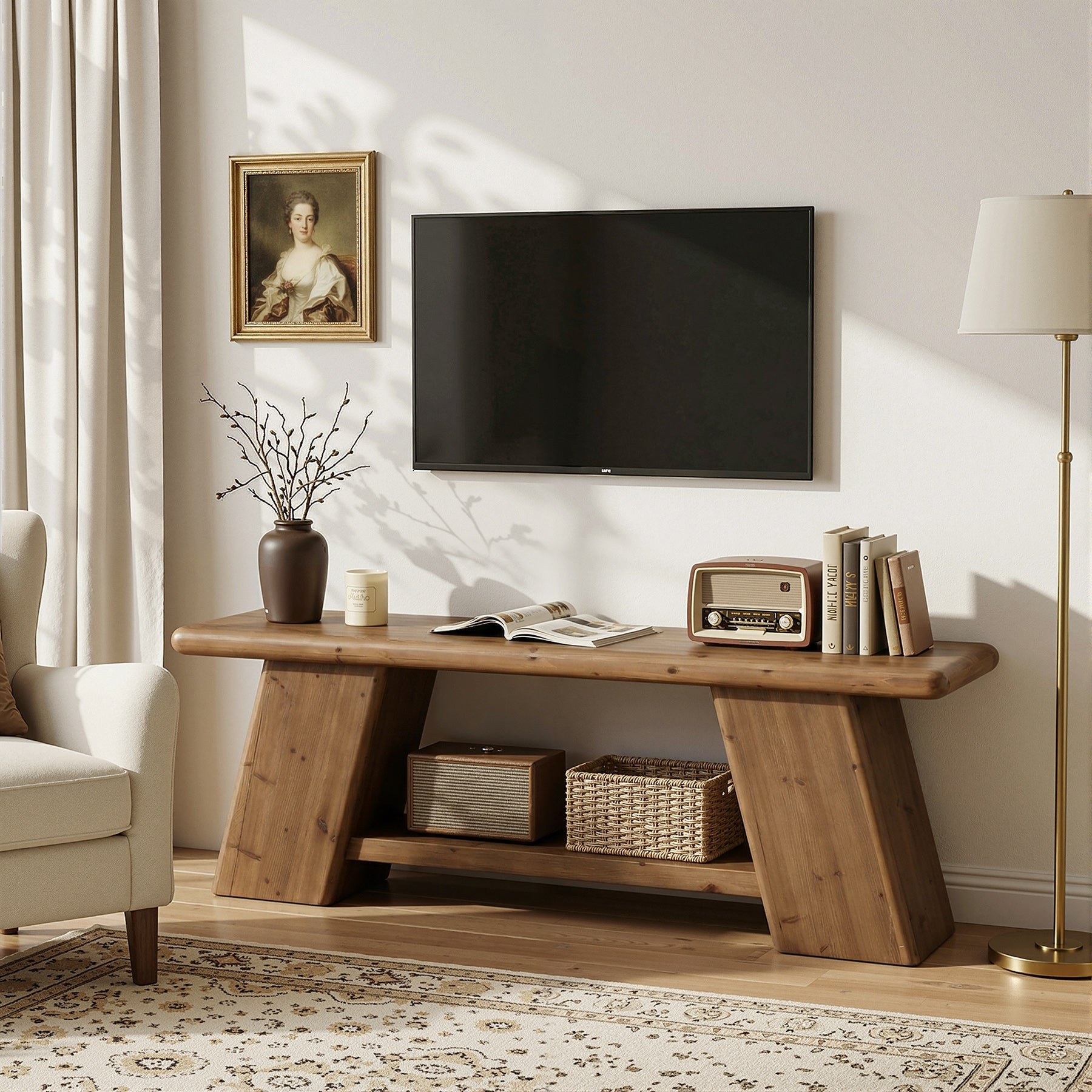 63" Solid Wood TV Stand for 50-65" TVs, Farmhouse Media Console with 2-Tier Open Storage