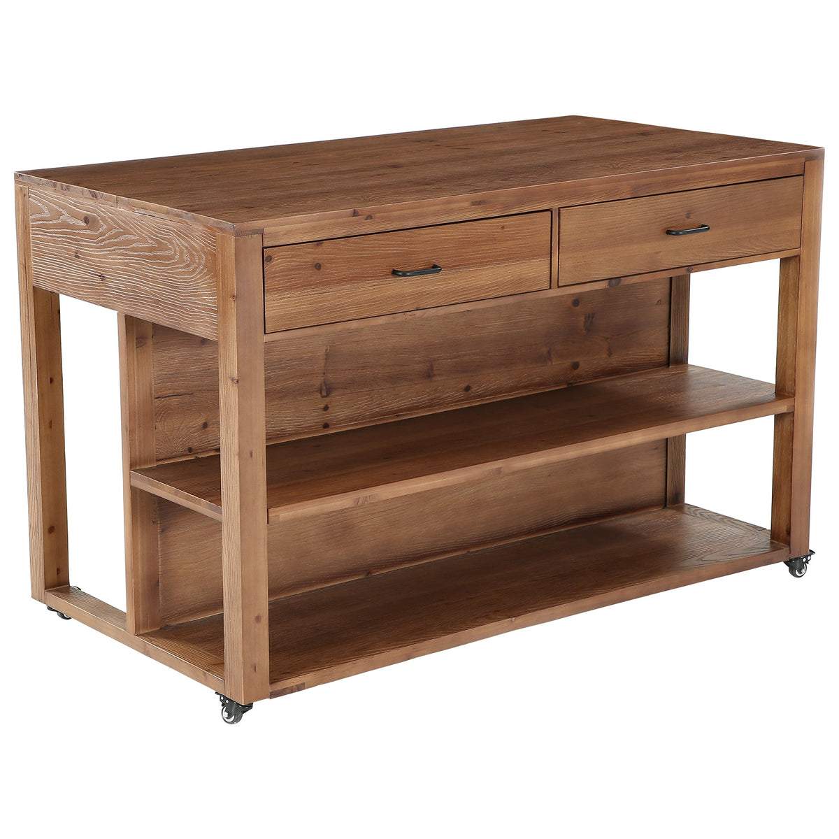 55" Rolling Kitchen Island, Solid Wood with 4 Drawers, Seating Space & Lockable Casters
