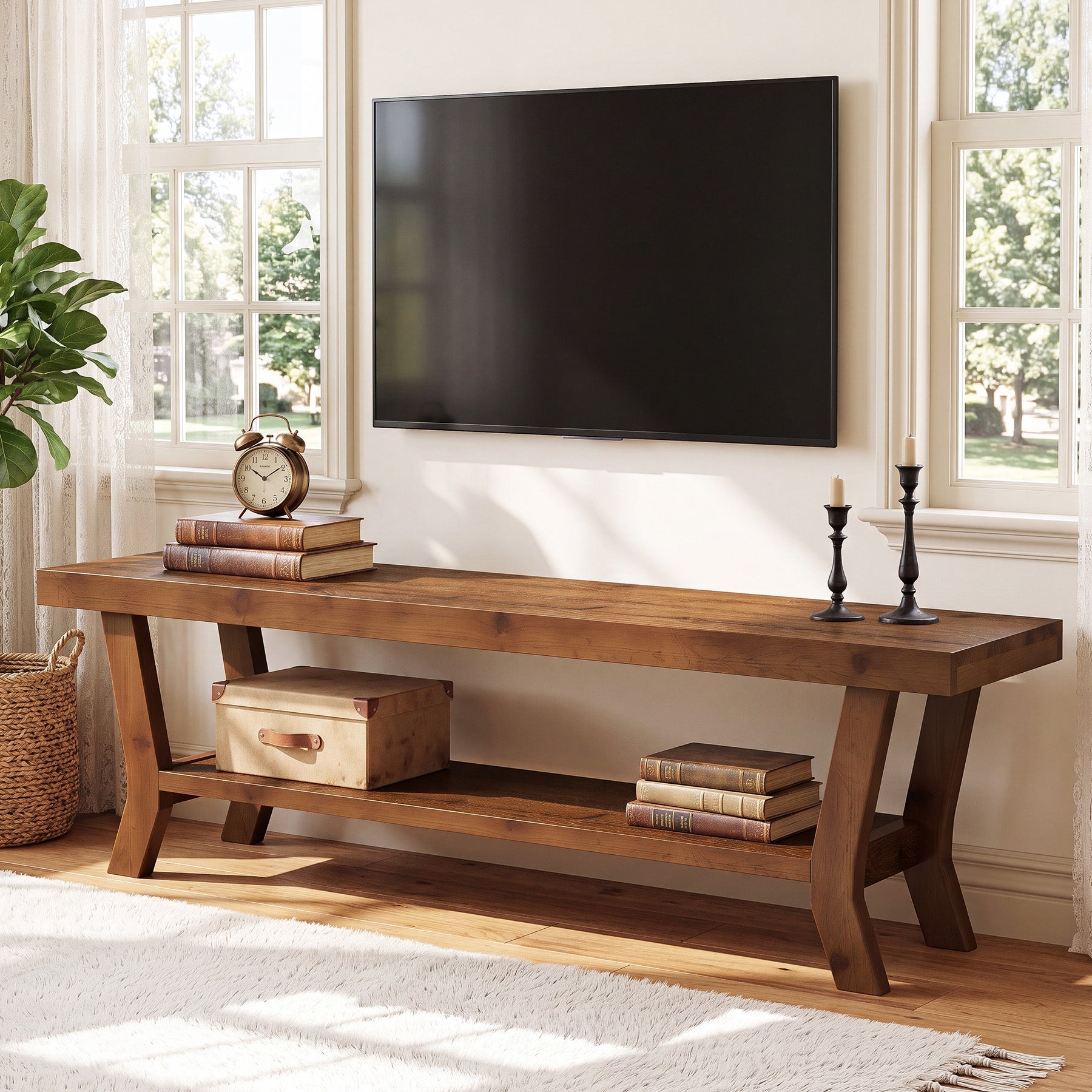 55-Inch Solid Wood TV Stand with Storage Shelf, Low-Profile Console for Living Room