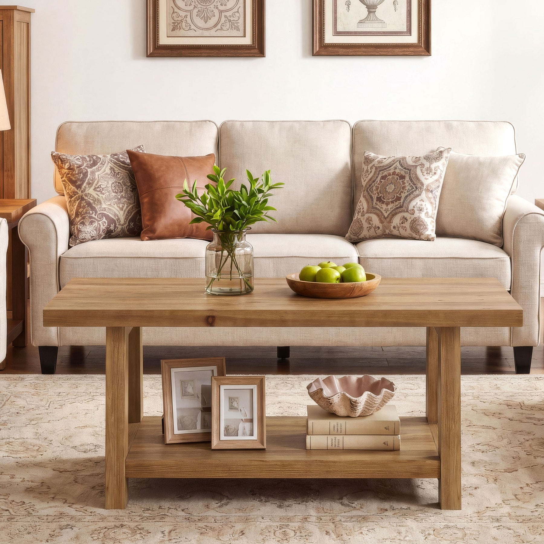 Solid Wood Coffee Table, 2-Tier Rectangle Center Table with Lower Storage Shelf