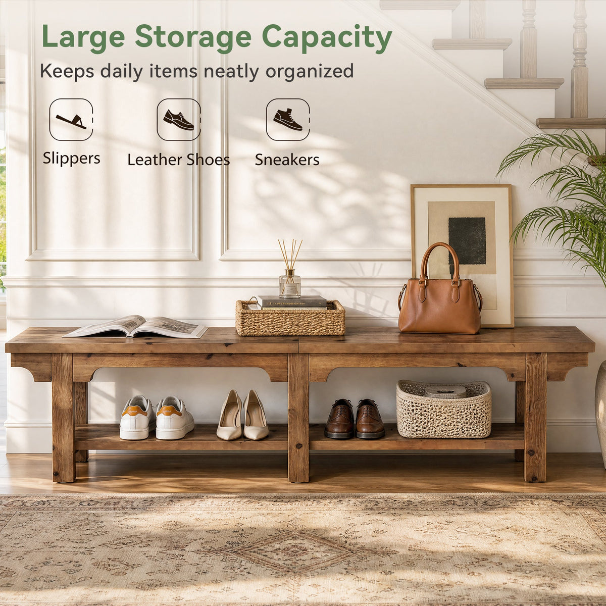 71" Entryway Bench, Farmhouse Solid Wood 2-Tier Shoe Storage Bench for Hallway