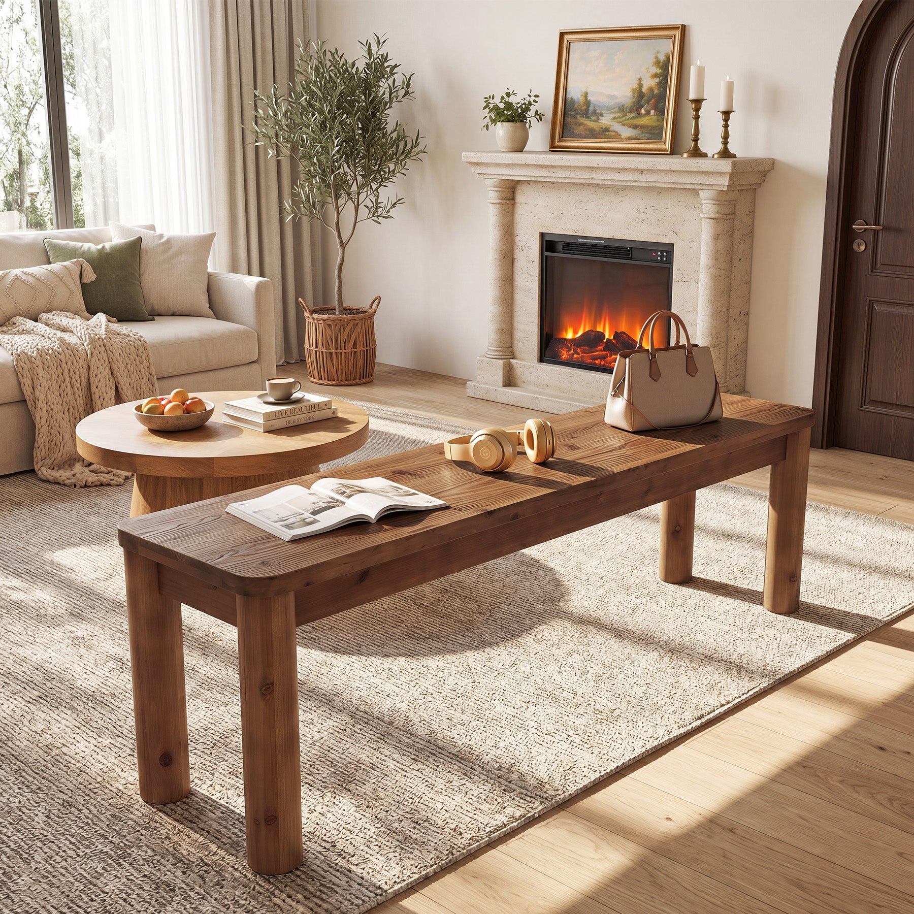55" Solid Wood Entryway Bench, Farmhouse Wooden Bench for End of Bed, Hallway & Dining Room