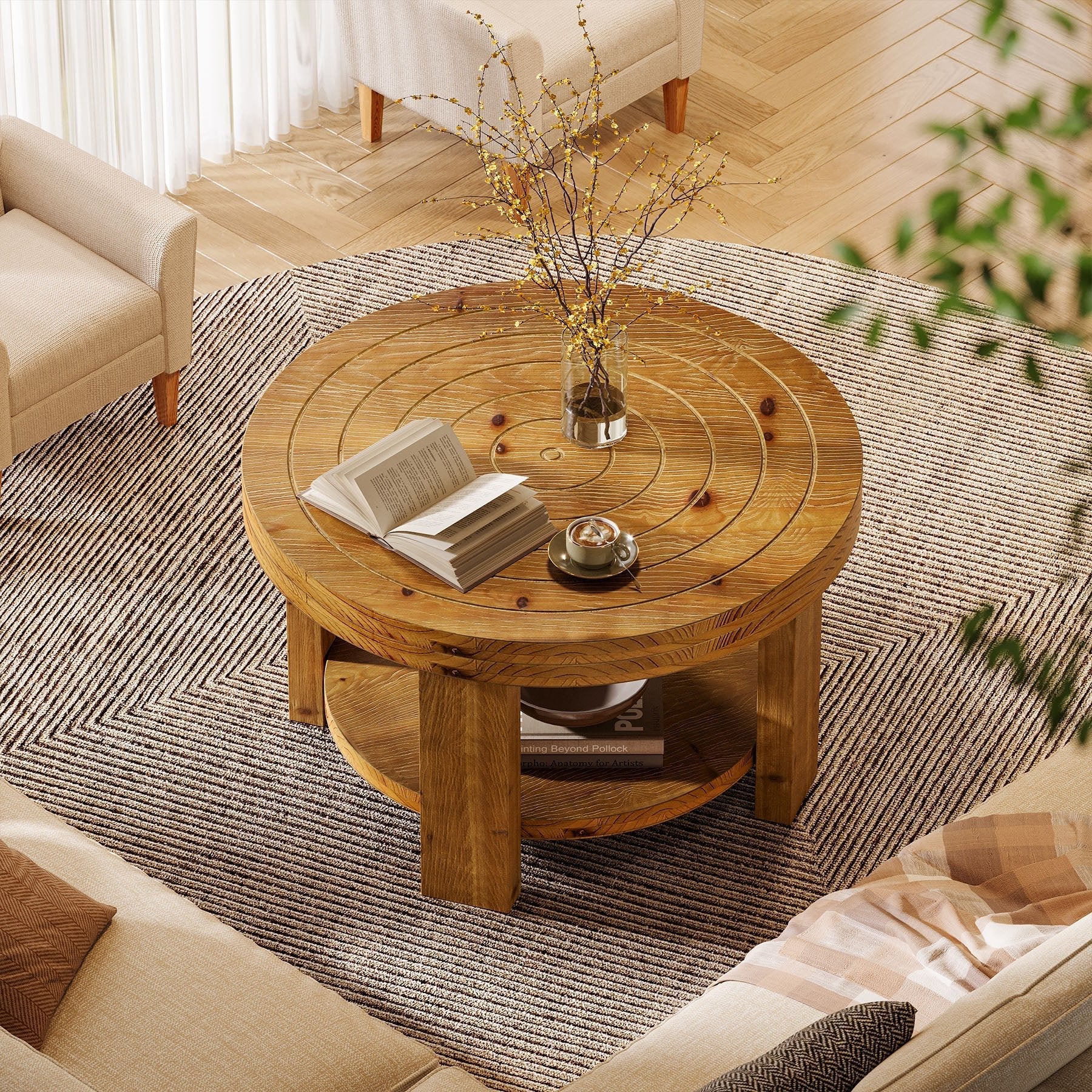 Round Solid Wood Coffee Table, 31.5" Center Table with 2-Tier Storage