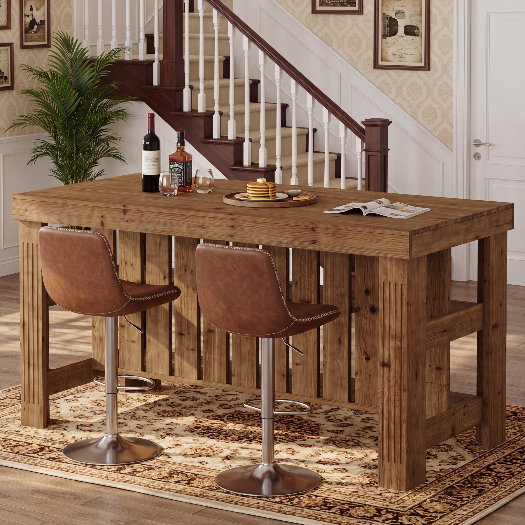 63" Solid Wood Bar Table, 3-Tier High Top Table with Large Rectangle Worktop
