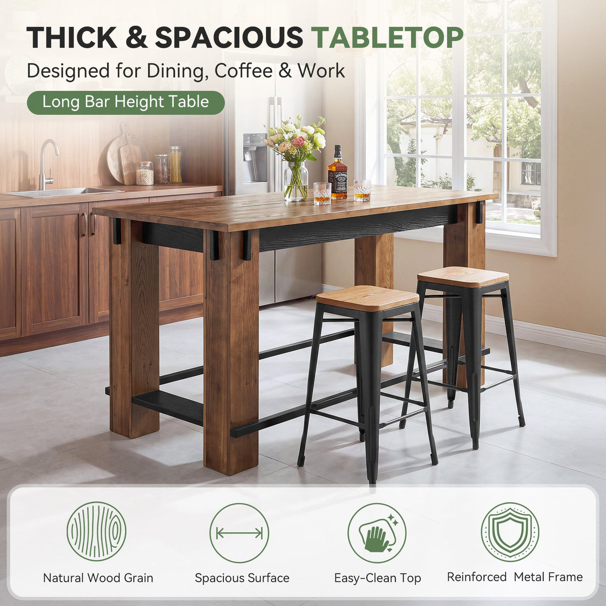 63" Farmhouse Solid Wood Bar Table, Metal Footrest, Counter Height Rectangle Pub Table