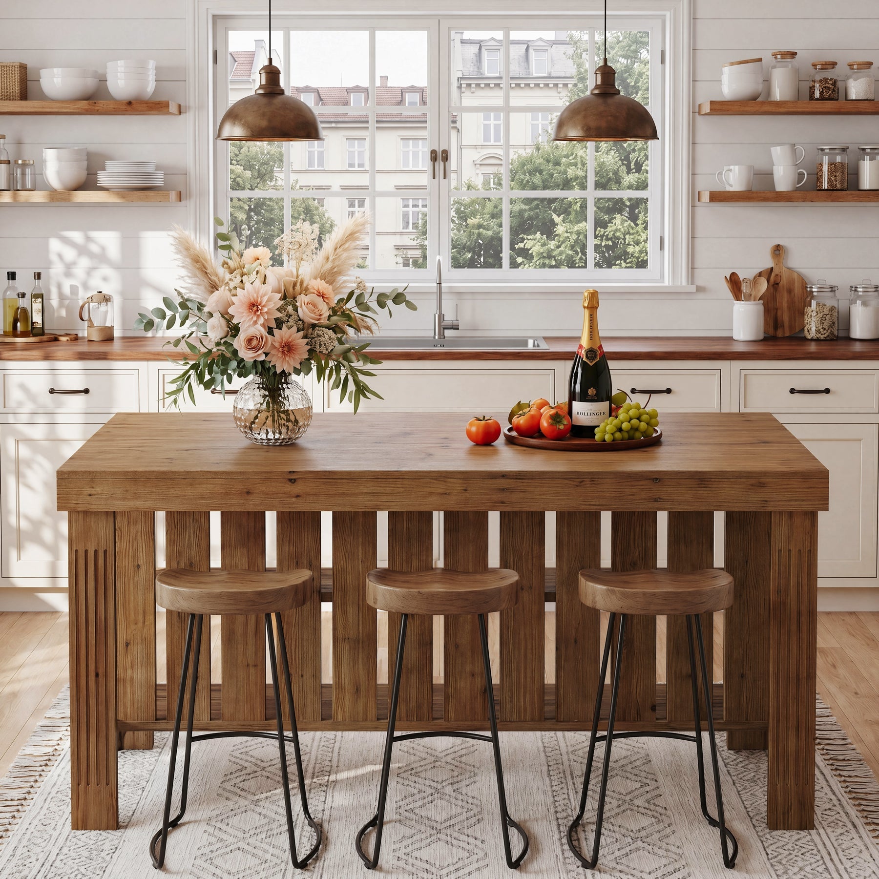 63" Solid Wood Kitchen Island, 3-Tier Farmhouse Stationary Island Table