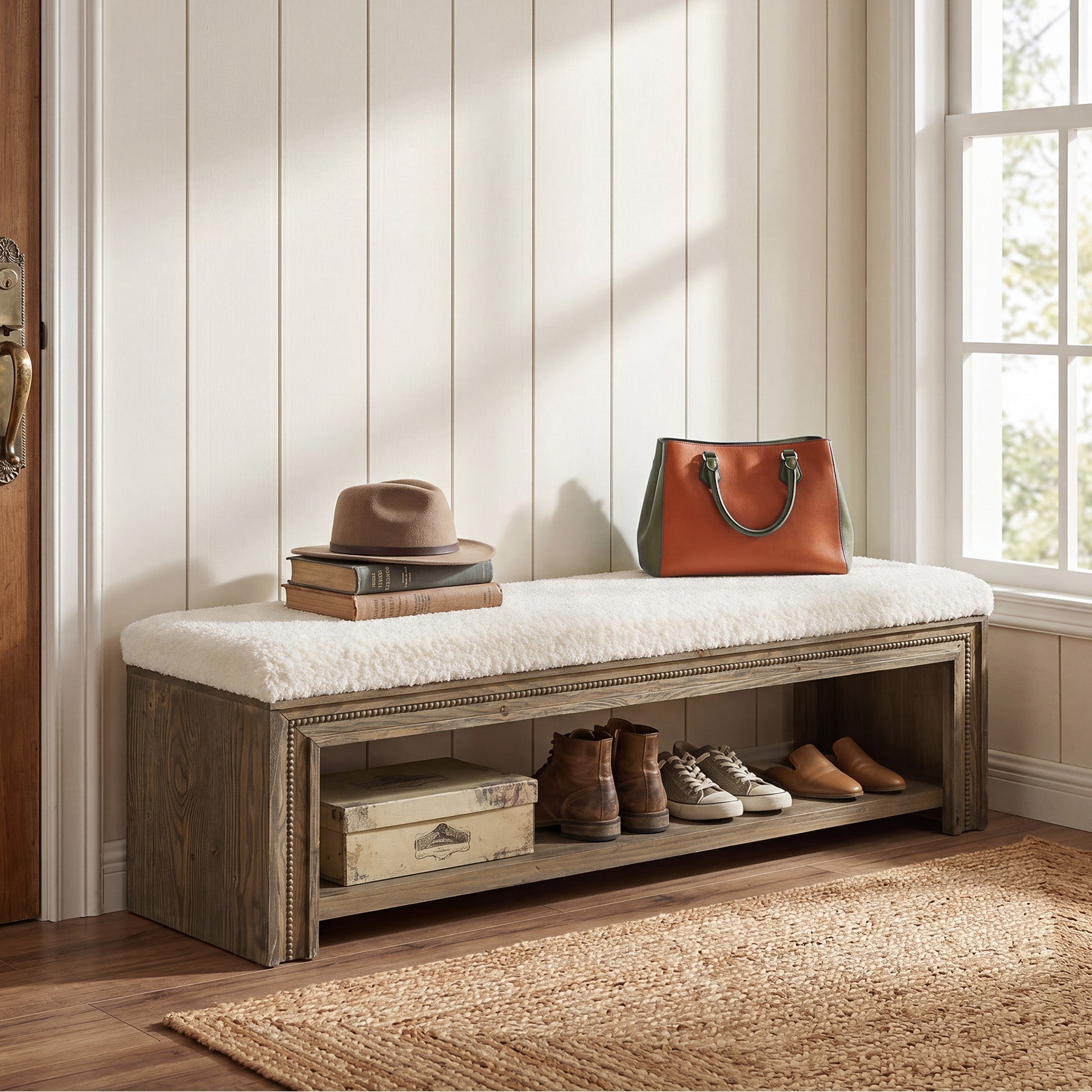 55" Solid Wood Entryway Bench, Upholstered Shoe Bench with Storage Shelf for Hallway