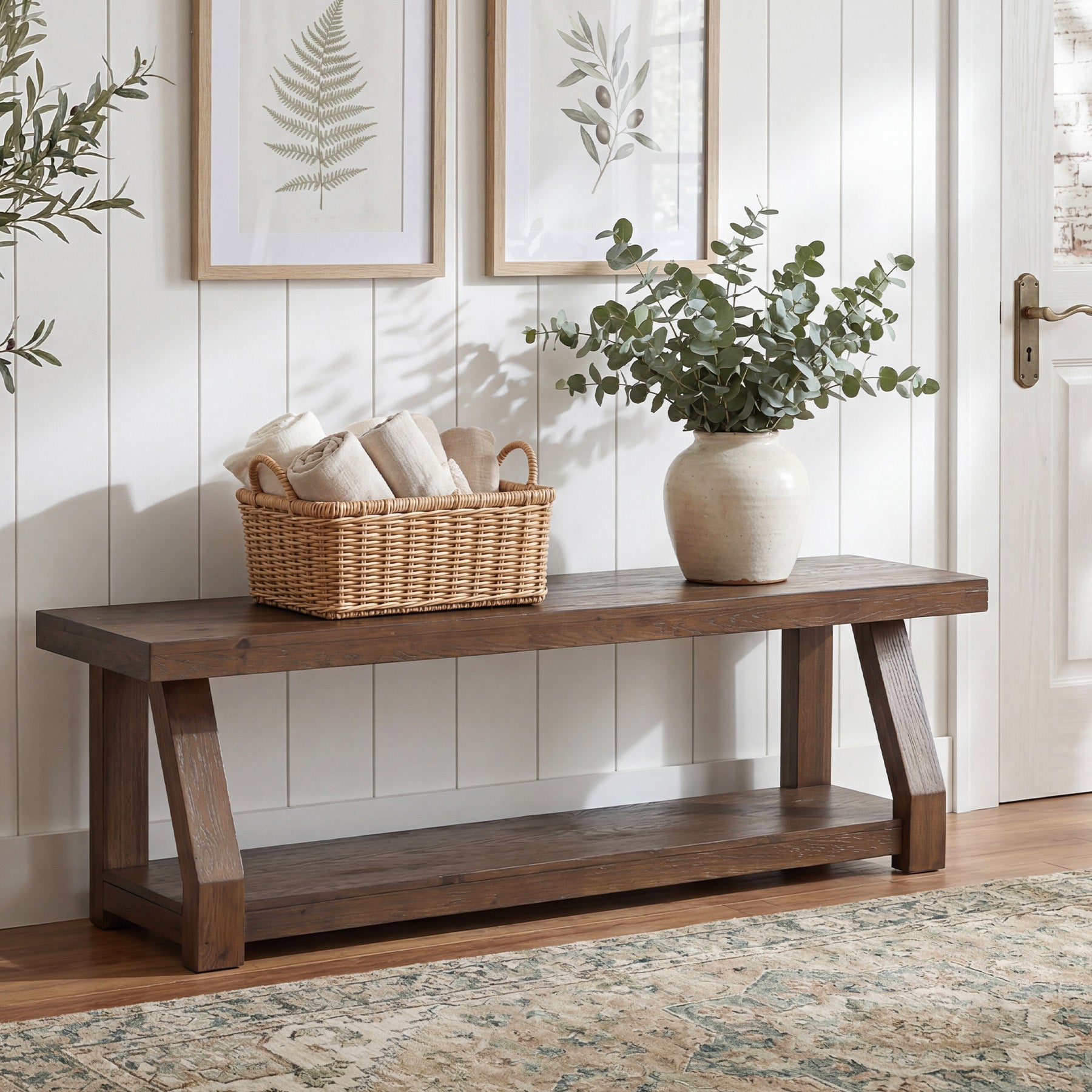 63" Solid Wood Entryway Bench with Shoe Storage, 2-Tier Rustic Shoe Bench for Hallway, Living Room & Bedroom