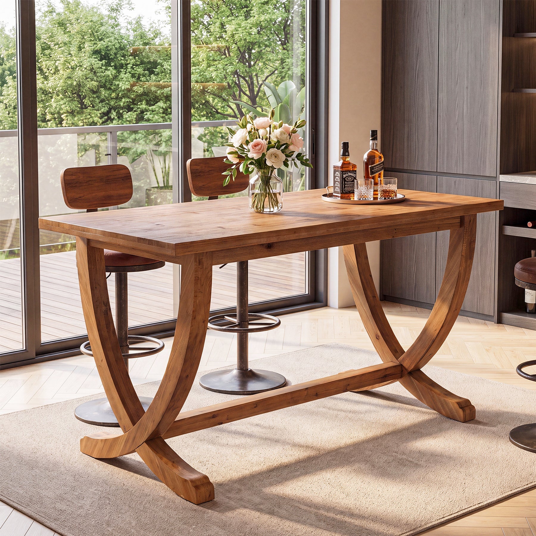 Solid Wood Counter Height Table, 59" Bar Table Farmhouse Dining Table for 4-6