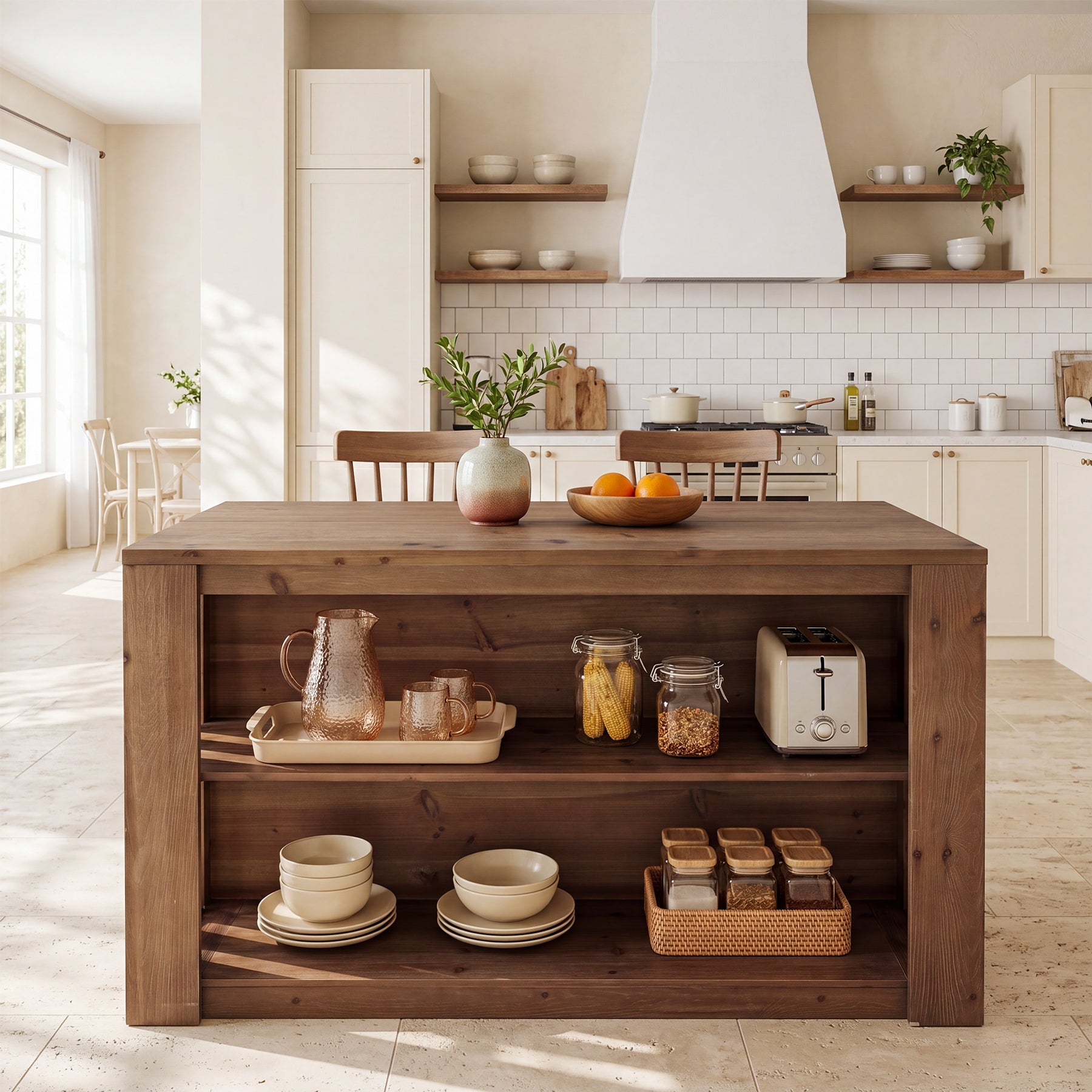 55" Kitchen Island, Solid Wood Stationary Island Table with 2-Tier Storage