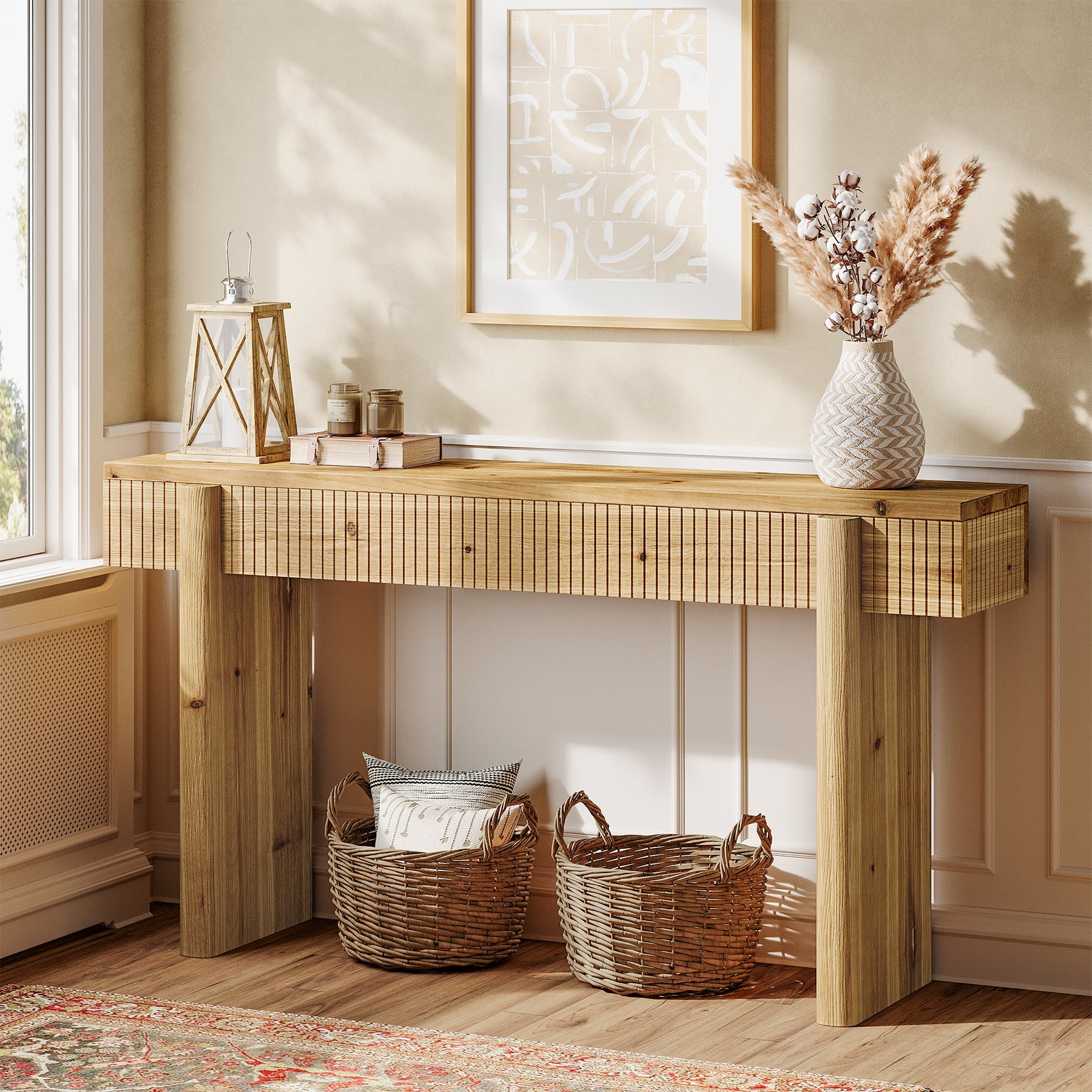 55" Solid Wood Rustic Console Table, Farmhouse Entryway Table Behind Couch for Living Room