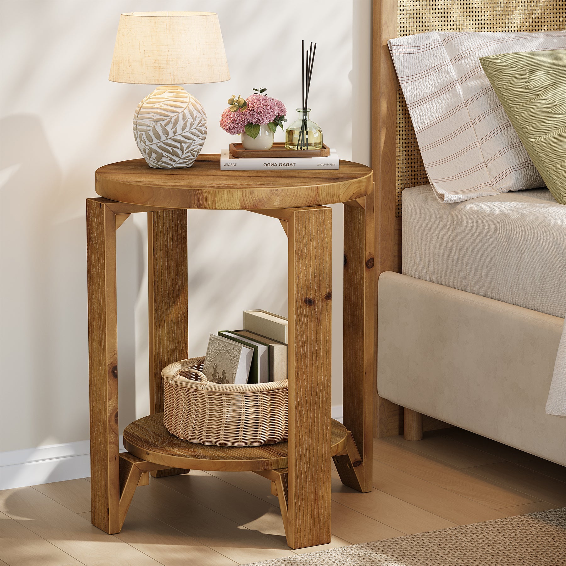 Solid Wood End Table, 2-Tier Round Sofa Side Table Nightstand with Storage