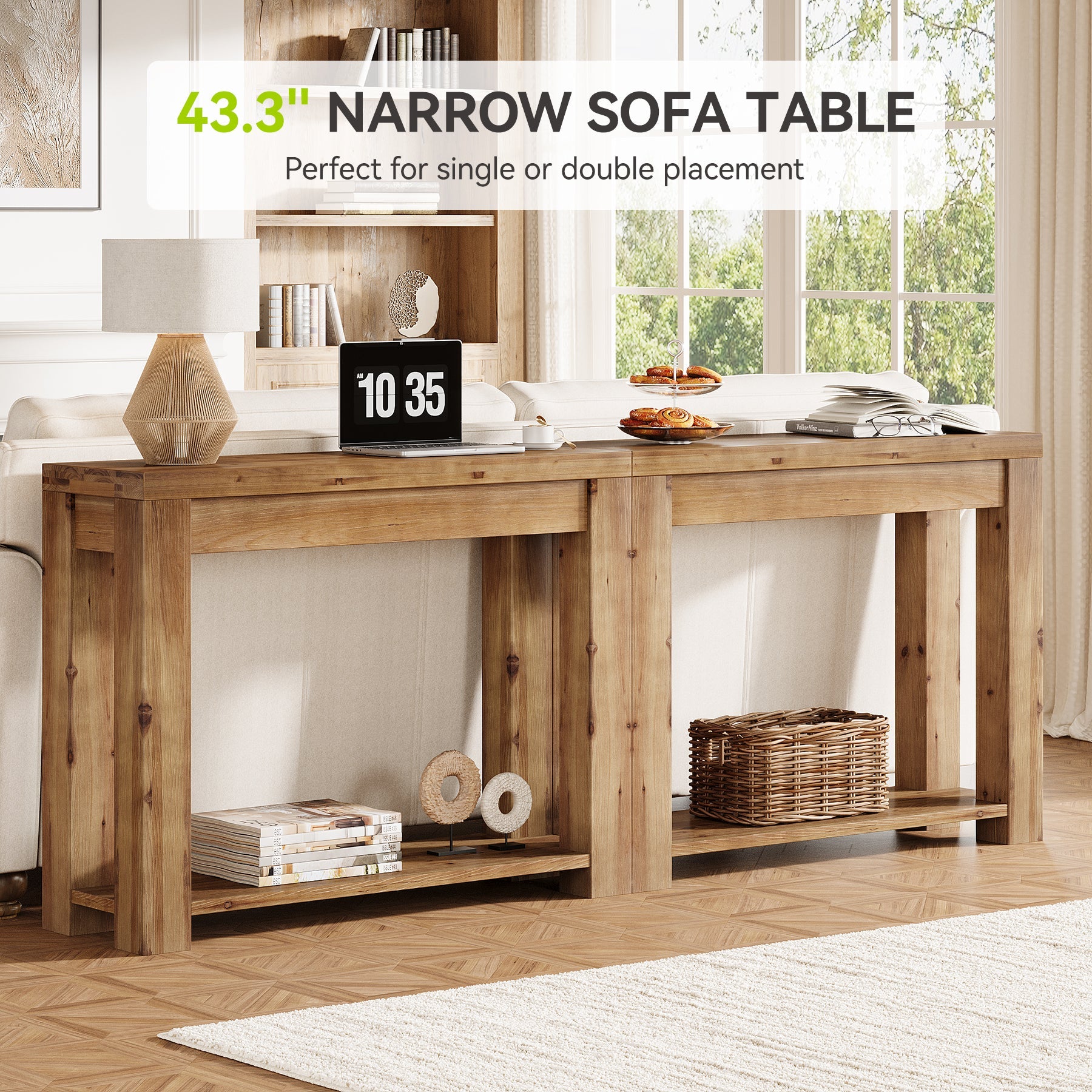 Solid Wood 43.31" Farmhouse Console Table, Narrow Entryway Sofa Table for Living Room, Hallway
