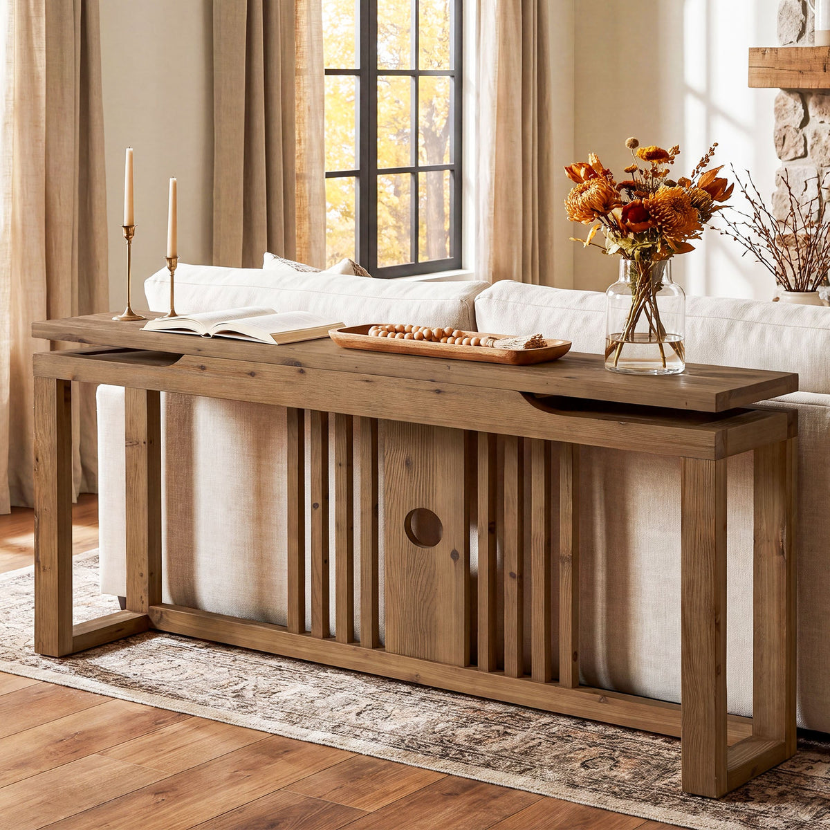 63" Solid Wood Console Table for Entryway, Farmhouse Sofa Table with Slatted Hollow Layered Design