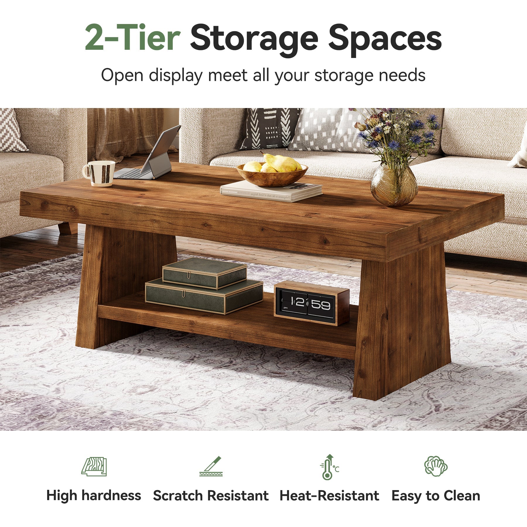 2-Tier Solid Wood Coffee Table, 47" Farmhouse Wood Center Table with Storage