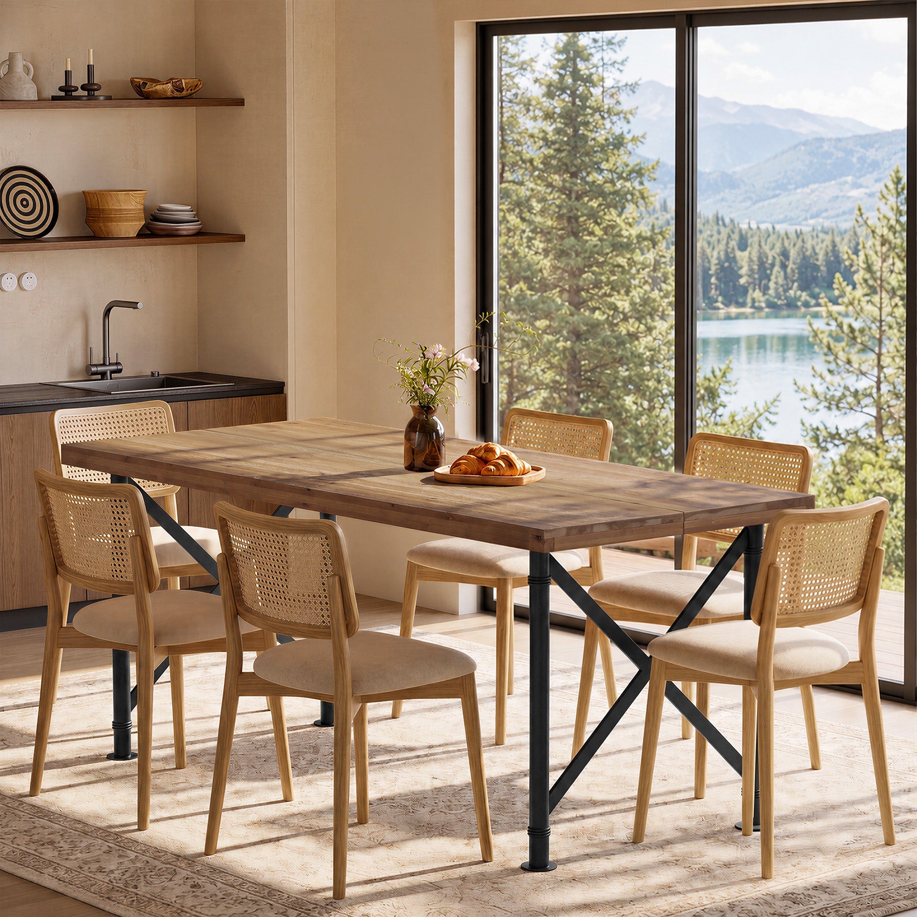 63" Rectangular Dining Table, Solid Wood Kitchen Table with Sturdy X-Shaped Legs for 4-6