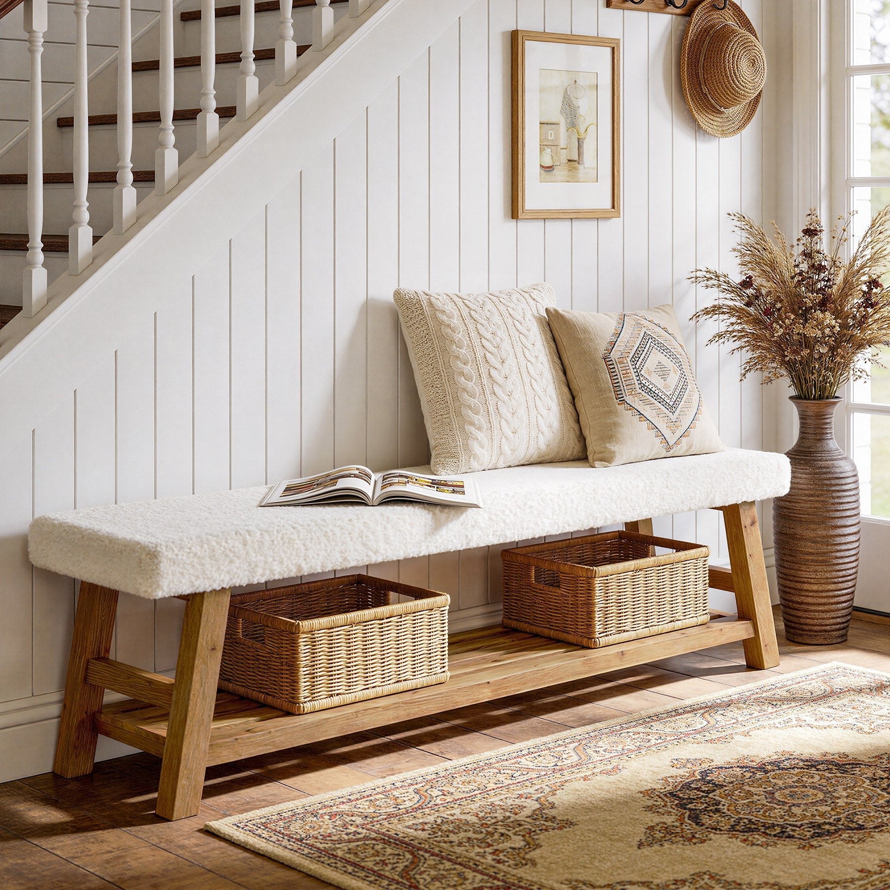 55" Upholstered Entryway Bench, 2-Tier Shoe Bench with Solid Wood Frame